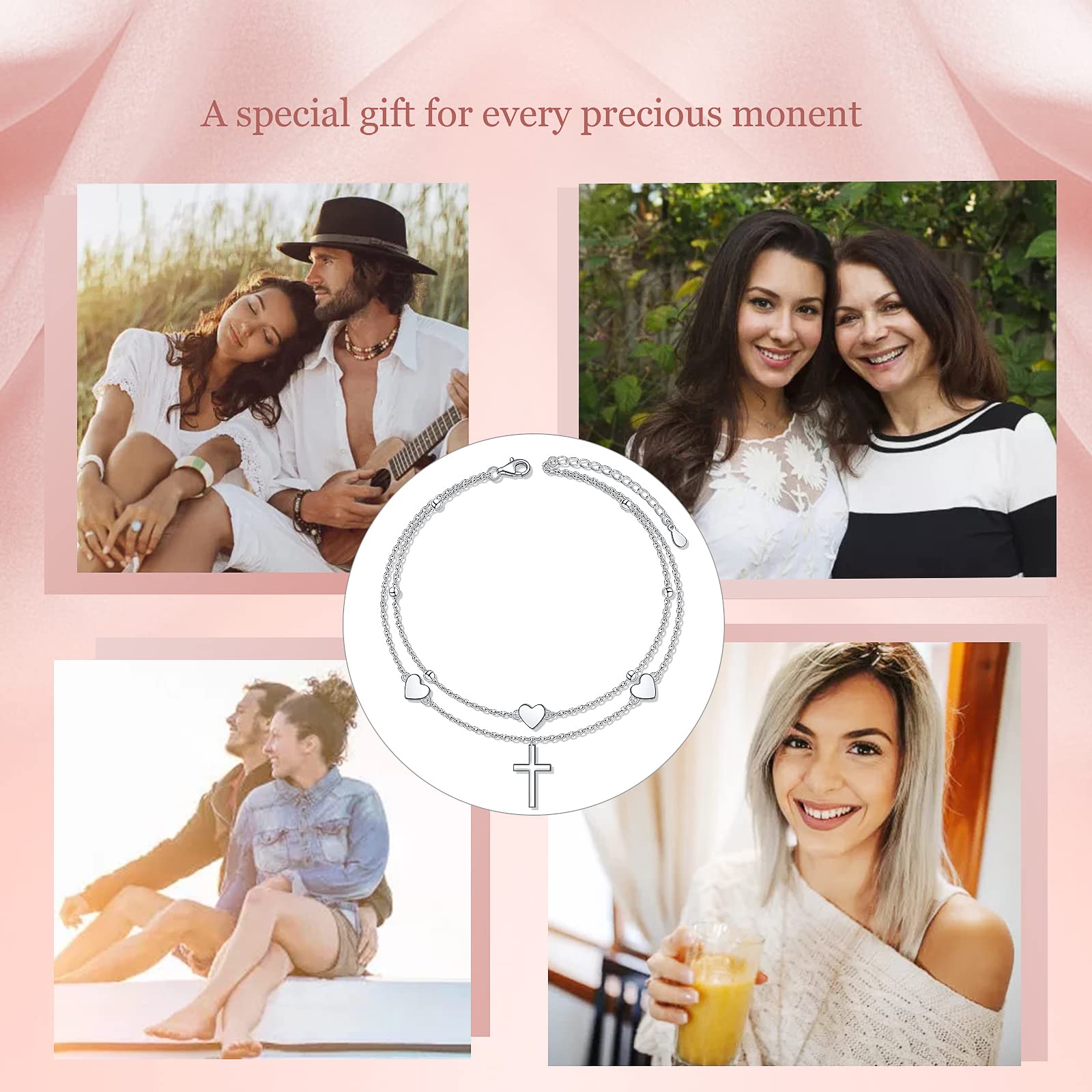Tobilleras para mujer, de plata de ley 925, pulsera de tobillo con corazón, infinito, cruz, mariposa, tobillera ajustable de doble capa con cuentas, regalo para mujeres, adolescentes y niñas, 8