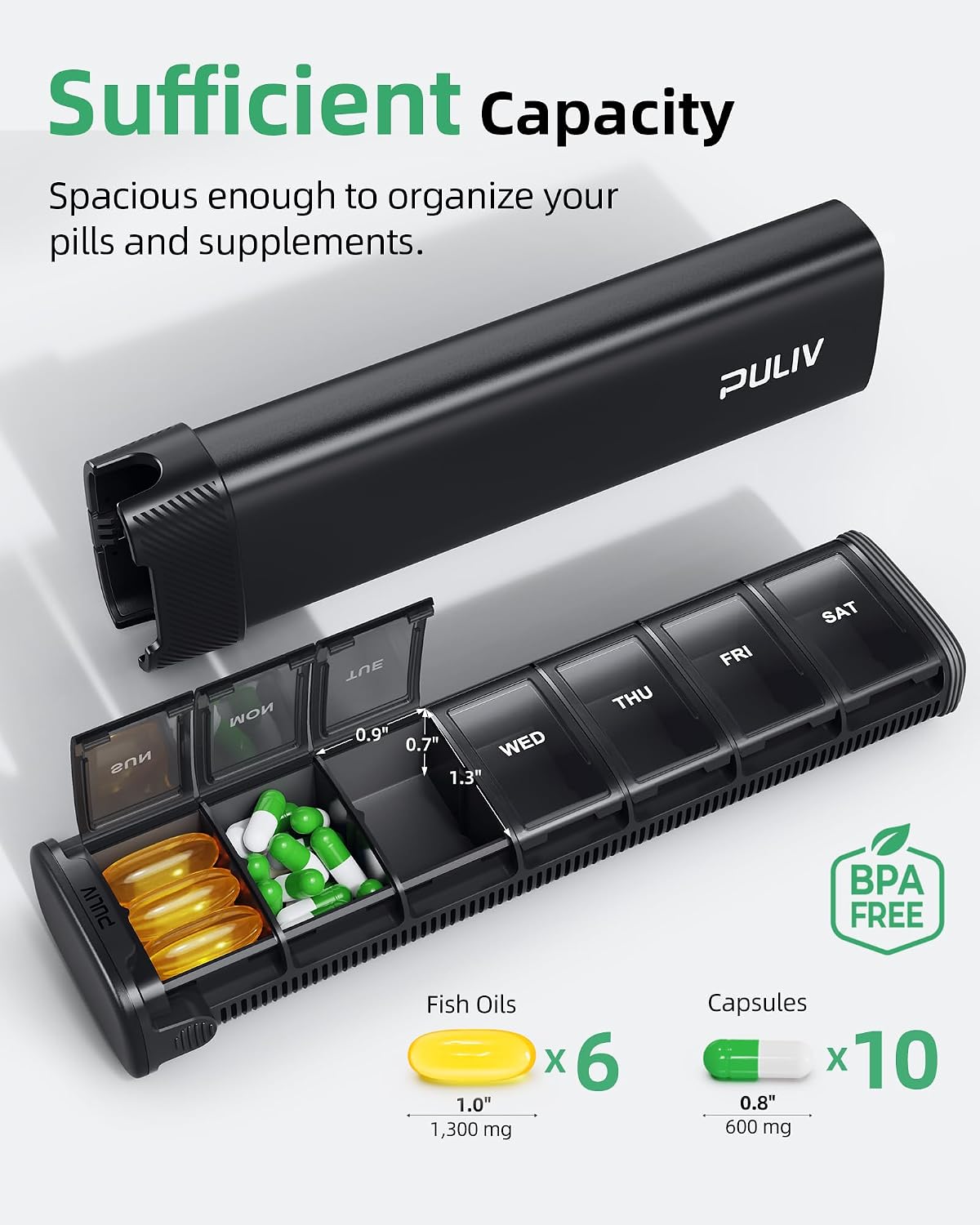 PULIV Metal Weekly Pill Organizer with Sturdy & Sleek Aluminum Alloy Case, Pill Case for Travel with Triple Design Against Spilling, Compact Pill Box 7 Day for Vitamins, Fish Oils, Supplements, Black