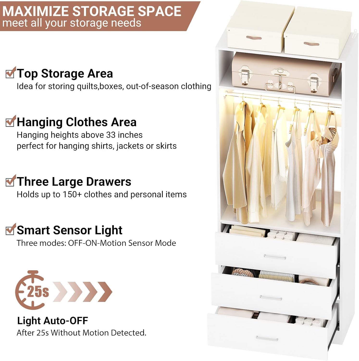 4FT Closet System with 2 Motion Sensor Lights, 48" Closet Organizer with 6 Drawers, Closet Systems with 2 Hanging Rods & 2 Shelves, Heavy Duty 48 Inch Walk-in Closets, White