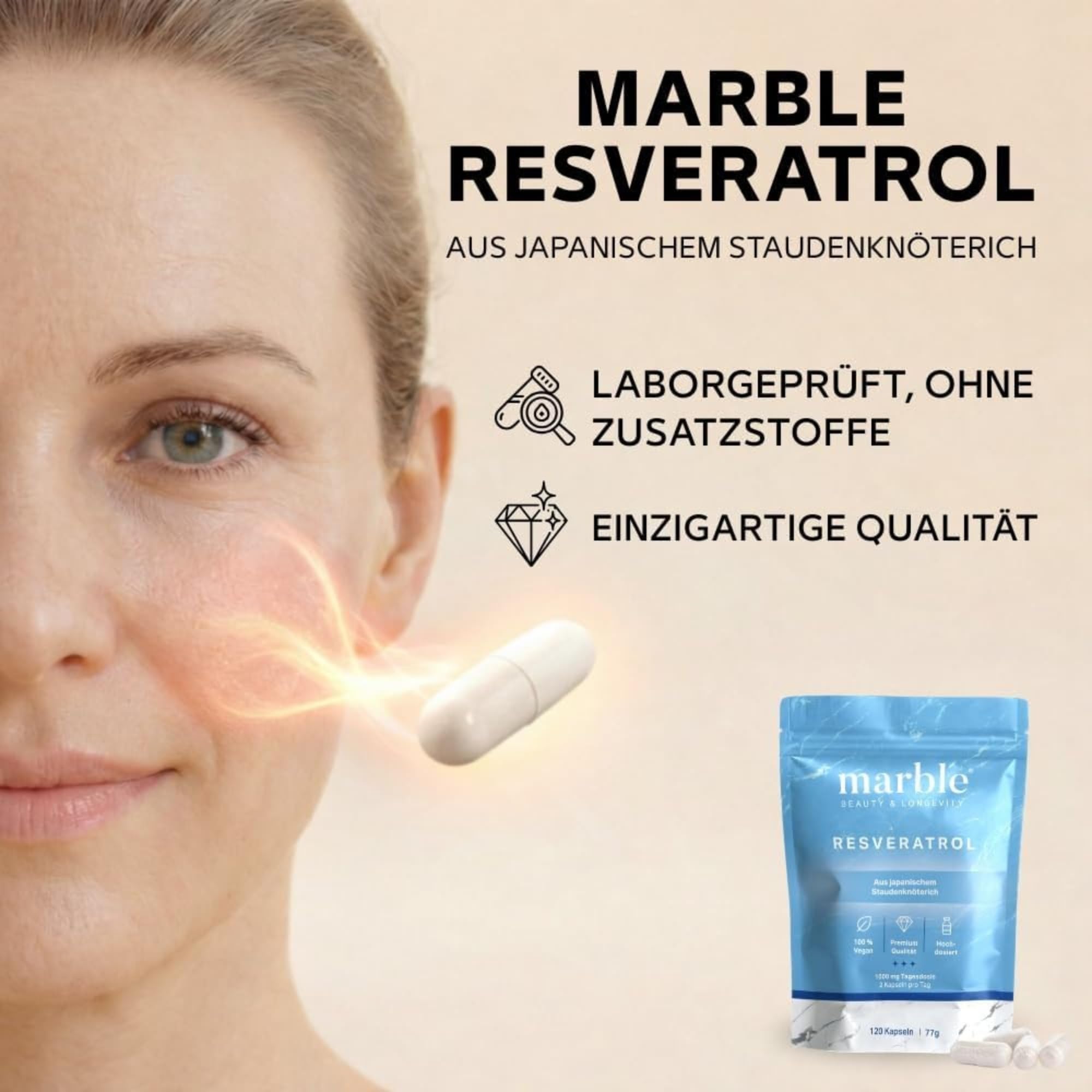 marble® Trans-Resveratrol 1000 mg, 120 vegane Kapseln - 2 Monatsvorrat, aus Japanischem Staudenknöterich 100:1 Extrakt + Piperin, laborgeprüft, Made in Germany - 30 Tage risikofrei testen