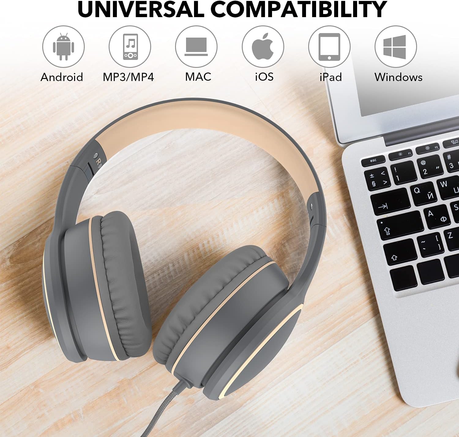 RORSOU R10 Over-Ear Headphones with Microphone, Lightweight Folding Stereo Bass Headset with 1.5M No-Tangle Cord, Portable Wired Headphones for Smartphone Tablet Computer MP3 / 4 (Grey) - Image 6