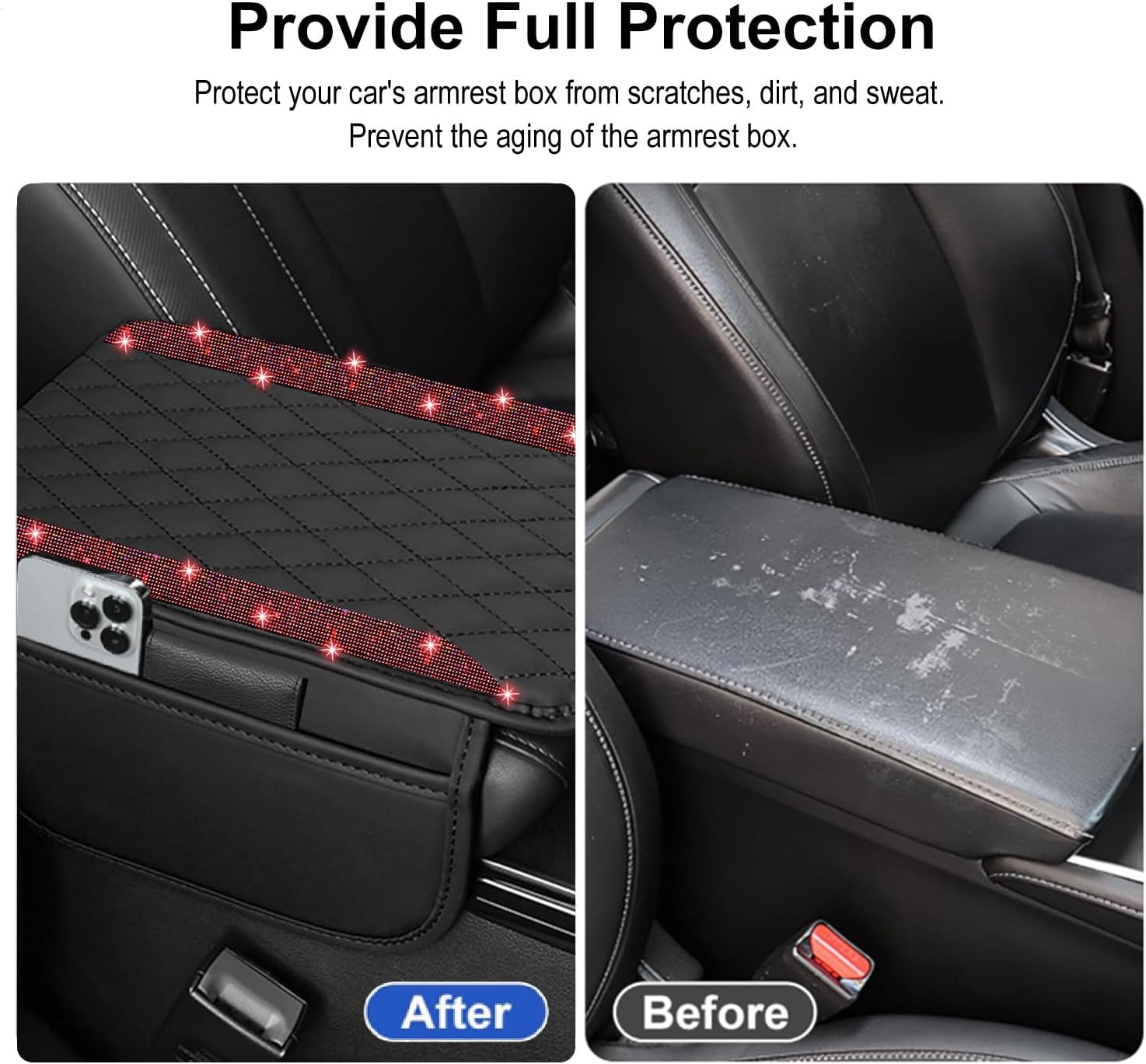NBTEPEM Bling Car Center Console Armrest Cover, Microfiber Leather and Diamond Middle Console Cover with 2 Storage Bags, Bling Accessories Interior for Most Vehicles (Red Diamond)