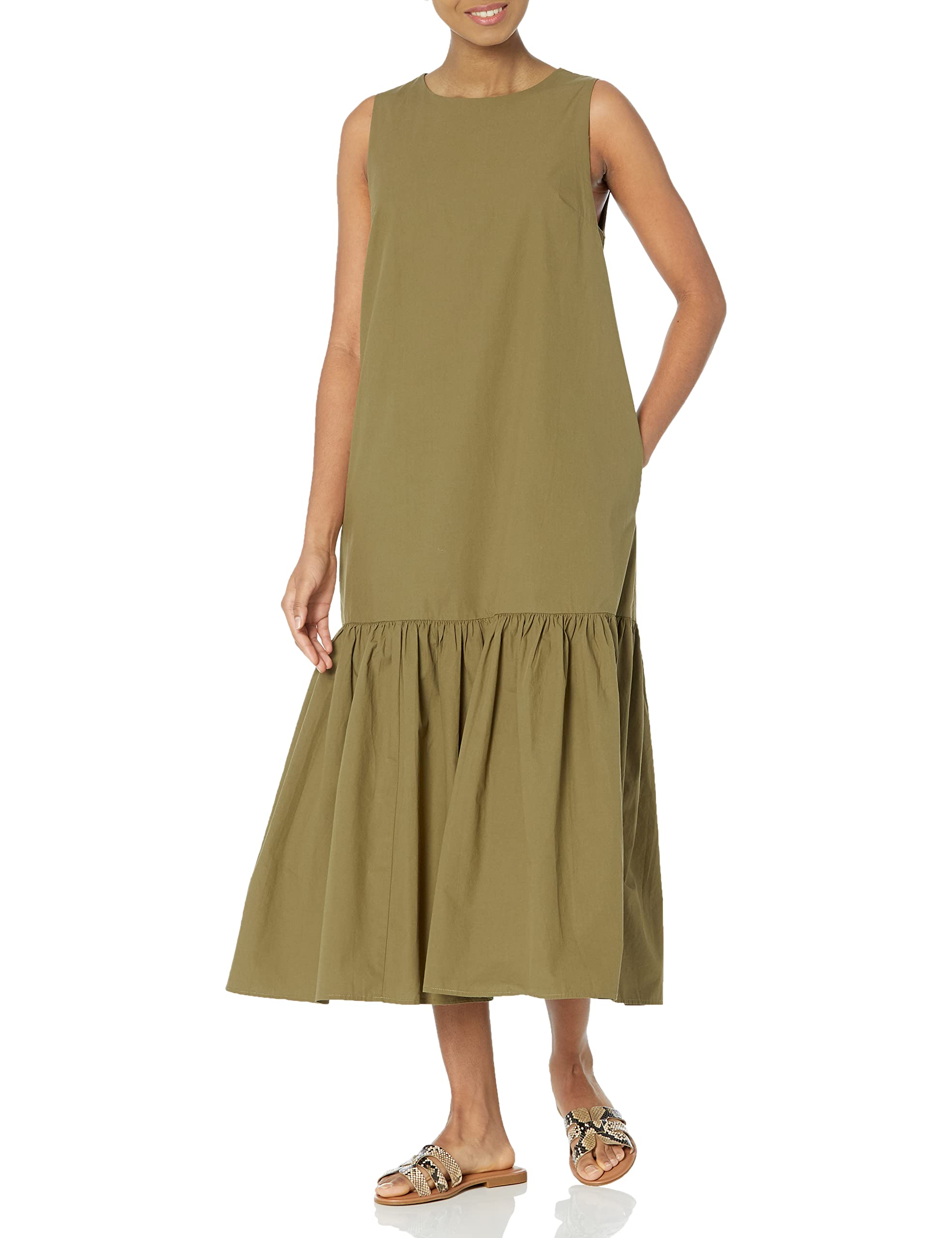 The Drop Damen Maxikleid Ilana, Ärmellos, Lockerer Schnitt, Weiter Saum, Popeline, Capers Olive, M