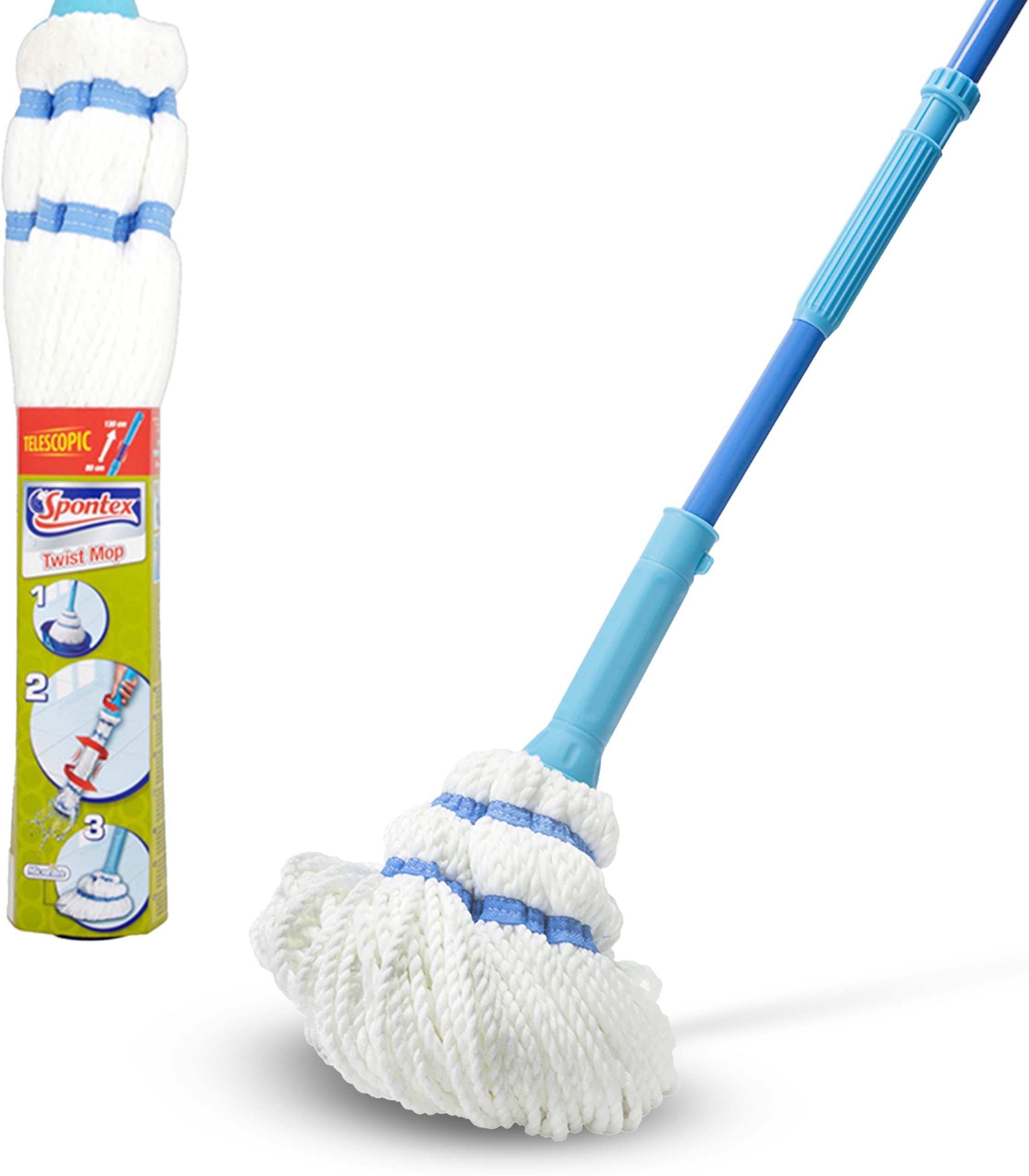 Twist Mop Microfibre Mop with Built-In Self Wringing System Non-Scratch Scourer Pad for Tough Stains Cleans Laminate, Wood & Tile Flooring Washable Mop Head
