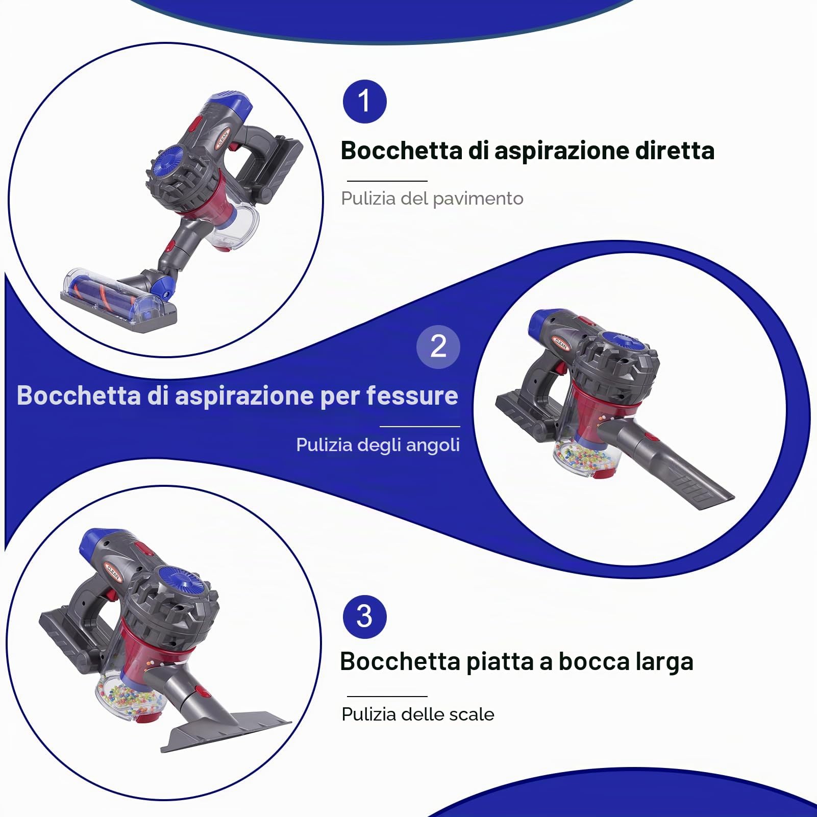 Goolsky Aspirapolvere giocattolo Vacuum 3 in 1 aspirapolvere per bambini che funziona davvero, aspirapolvere senza fili, giocattolo interattivo per bambini