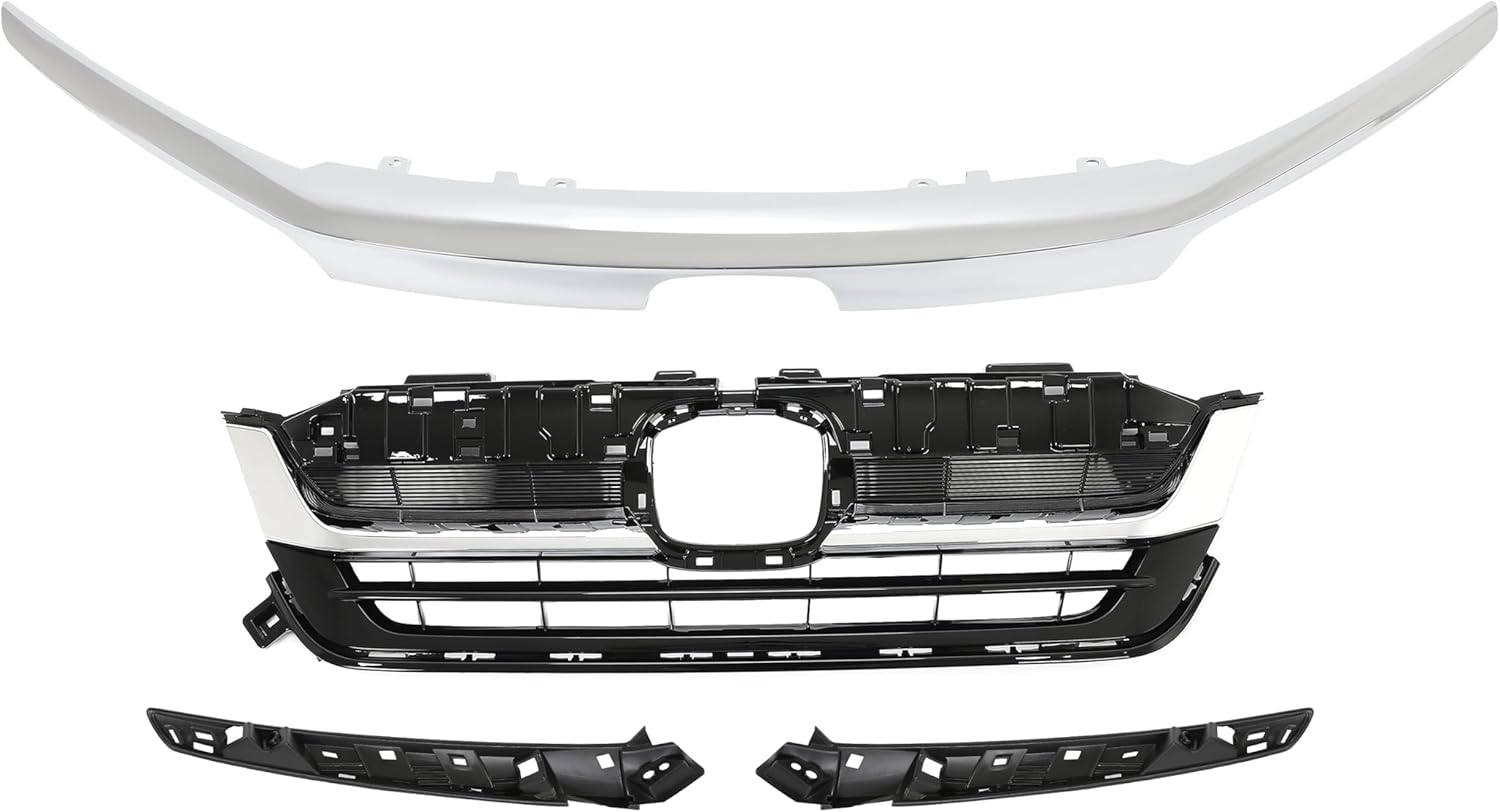 KUAFU Front Grille Compatible with 2019-2022 Honda Pilot Replacement for HO1210158 71150TG7A50 Front Bumper Upper Grille Grill With Chrome Trim Plastic Black+Silvery