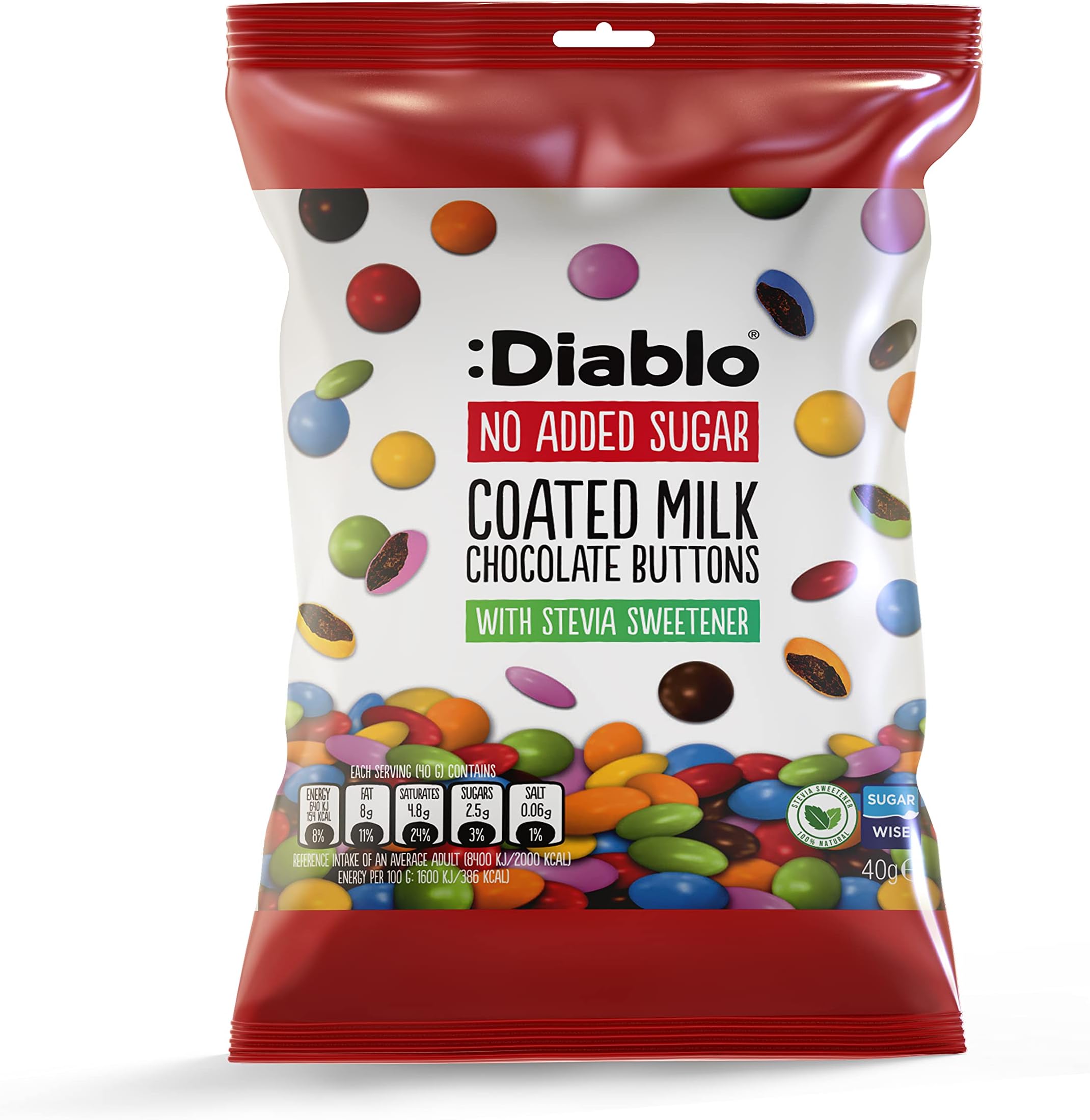 Diablo Chocolate Candy Coated Buttons - No Sugar Added, Bite Size Colorful Shell Coating - Sweetened with Stevia, Perfect for Gifting Chocolates - 40g, Milk Chocolate, Pack of 1