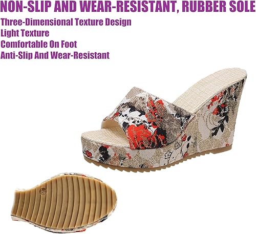 Miniatura 7 de DirraBra Sandalias de tacón de cuña con fondo grueso y diseño de flores para mujer, sandalias antideslizantes con boca de pez, cómodas pantuflas
