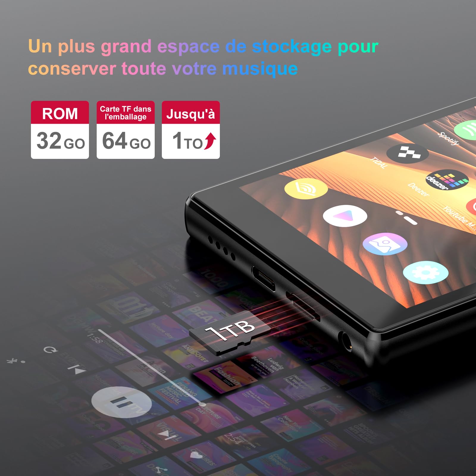 Oilsky 96Go Lecteur MP3 avec WiFi et Bluetooth, écran Tactile de 4,7'' 1280P, Android 13.0, RAM:4 Go, Lecteur MP3 & MP4 avec Spotify, Amazon Music, Play Store (Noir)