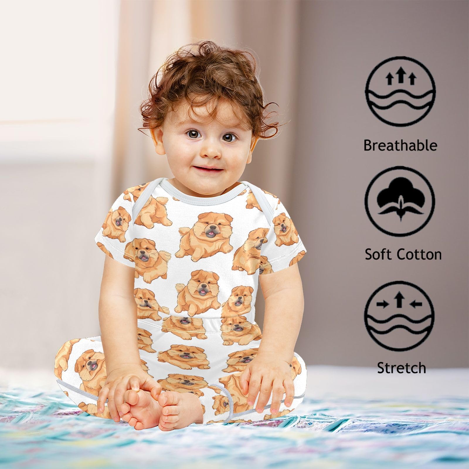 vvfelixl Baby Clothes Cute Chows Baby Bodysuits Set Unisex Short Sleeve Baby Pants Sets 0-3M