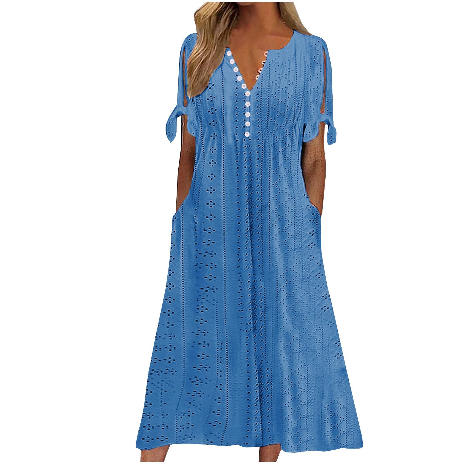 AMhomely Summer Dresses for Women UK Plus Size-Eyelet Maxi Dress,Button V Neck Long Dresses with Pocket,Solid Casual A-line Sundress,Beach Smocked Cover Ups,Holiday Vacation A Blue L