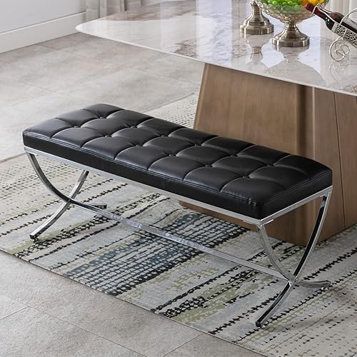 Miniatura 14 de LukeAlon Moderno banco de comedor de piel sintética, banco otomano con botones copetudos con acabado cromado en forma de X, banco tapizado para el