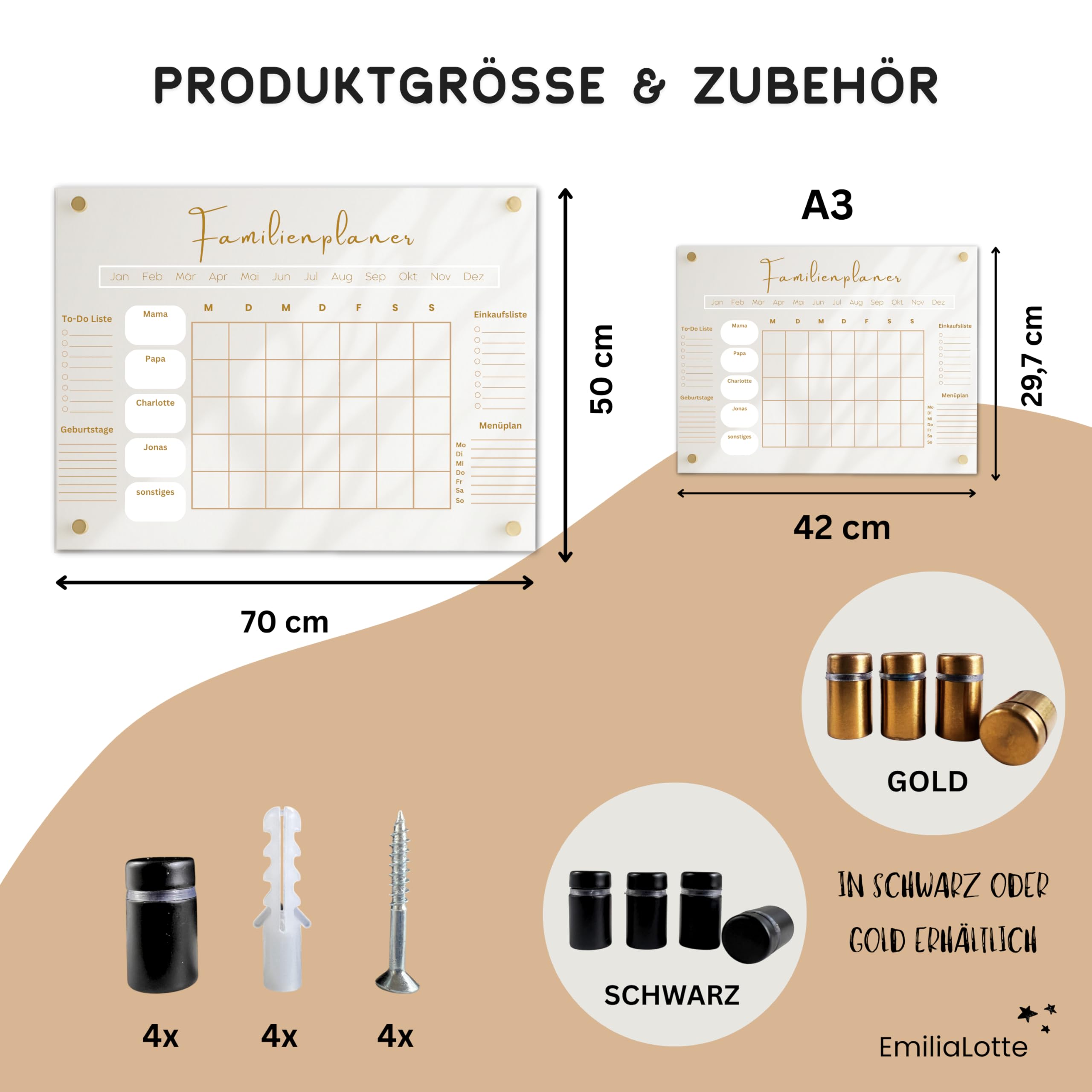 EmiliaLotte Personalisierter Familienplaner aus hochwertigem Acryl I Abwischbarer Wand Kalender für die ganze Familie I Wiederverwendbarer Monatsplaner mit Einkaufsliste, Menüplan & Mehr - Weiss Beige