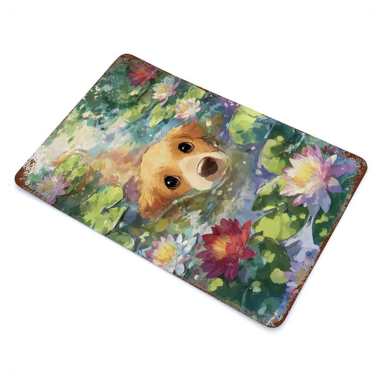 Rust Effect Labrador Dog in Water Lilies Pond Weathered Tin Sign 11.8"x7.9", Classic Wall Plaque for Living Room, Hallway And Home Decor