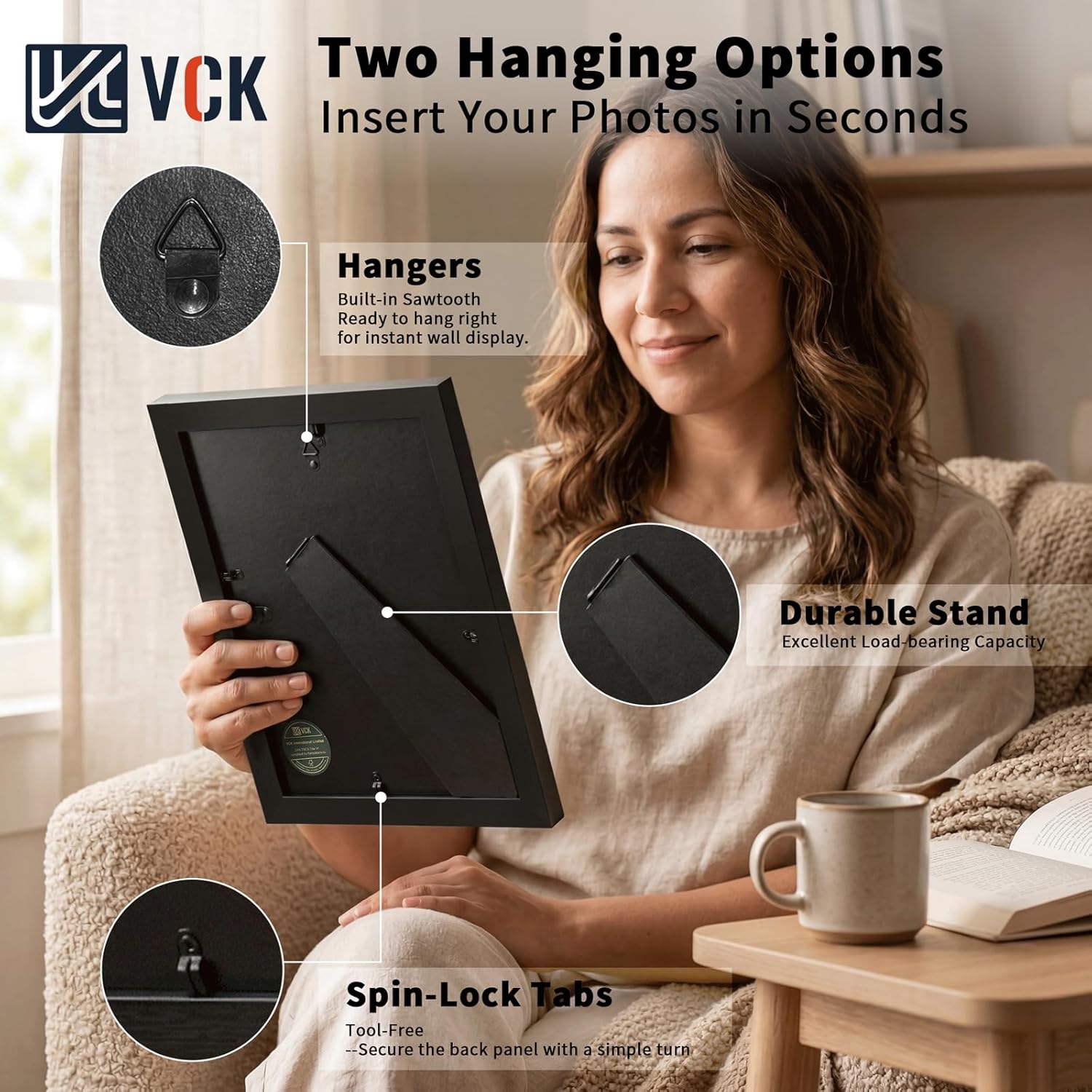 VCK 8x10 Picture Frame Black - 4 Pack, Wide Wood Frame with Exclusive Wood Grain, Polished Plexiglass for Vertical or Horizontal Wall & Tabletop Display of Photos, Prints, Studio, Gallery, Home