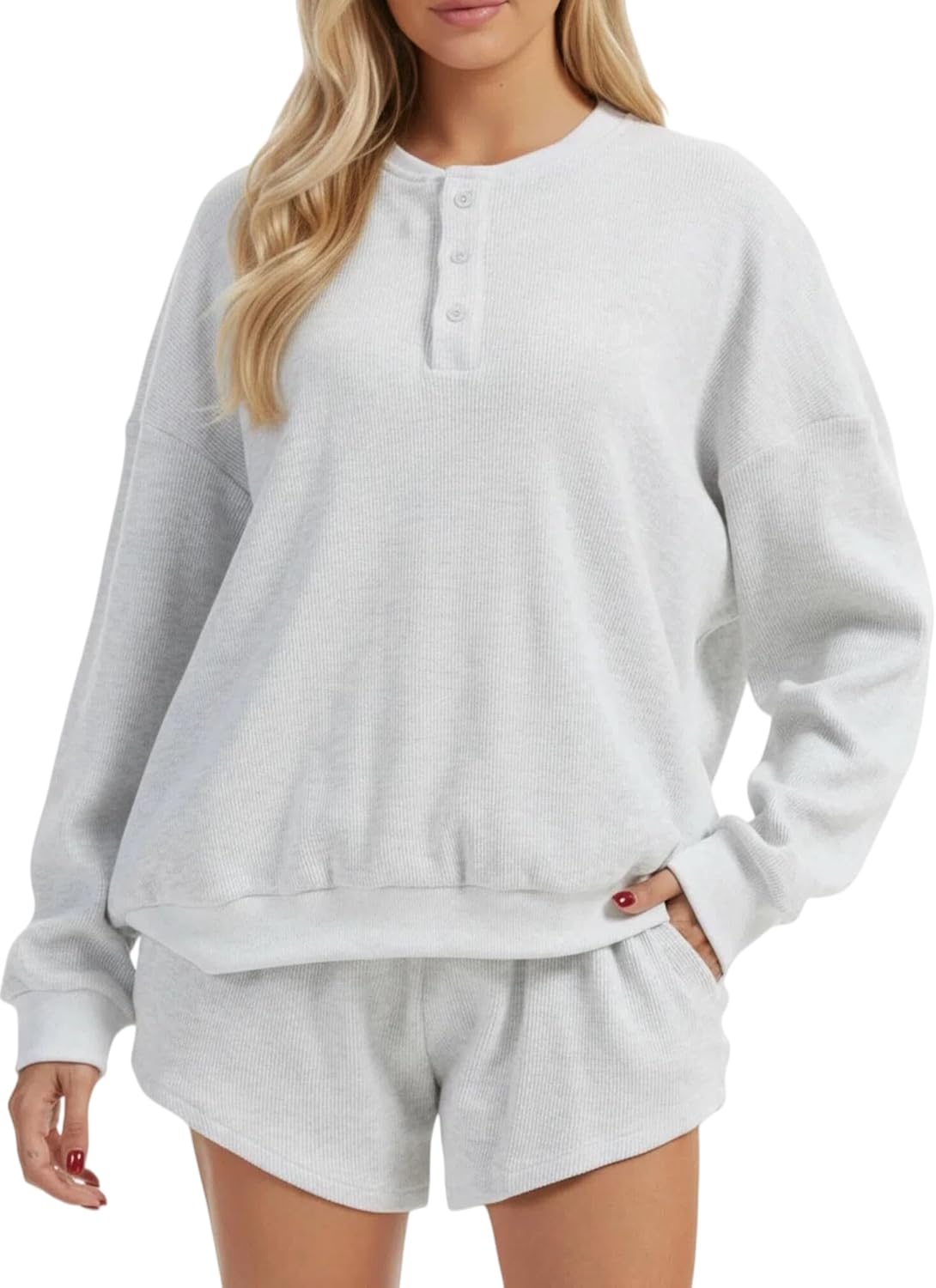 Women Waffle Knit Lounge Set Casual Oversized Long Sleeve Sweatshirt and High Waisted Shorts Spring 2 Piece Outfit