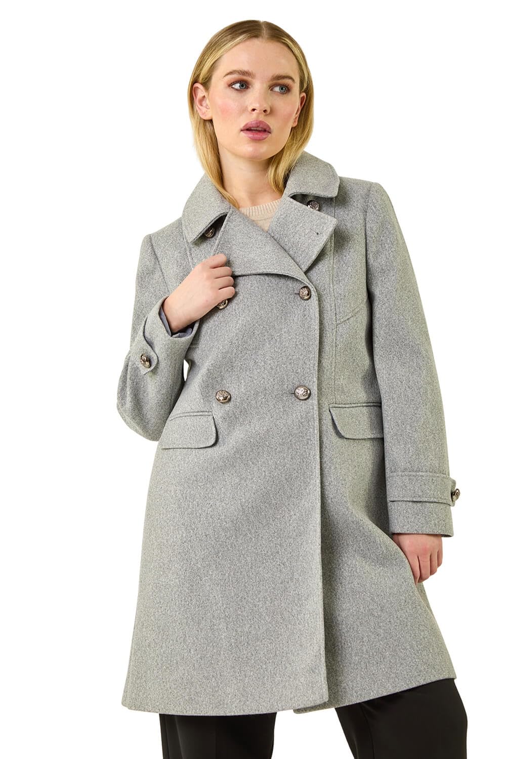 Roman Women's Grey Petite Double Breasted Military Coat In | : Size 16