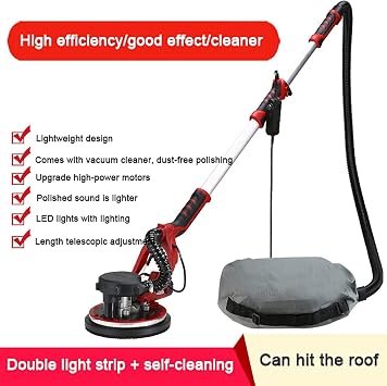 Drywall Sander,1250W Electric Sander Machine,Giraffe Polishing Machine with Vacuum Auto Dust Collection, Variable Speed 800-1900rpm/min,Retractable Wall Sander with Led Lights,10sandpaper