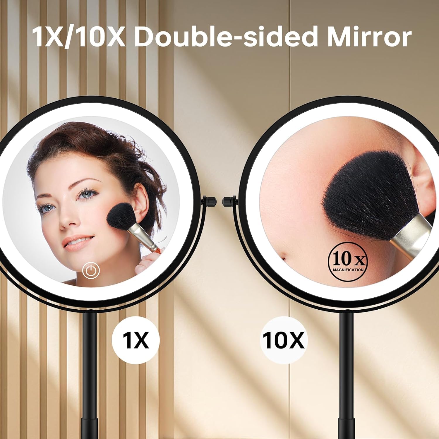 Espejo de maquillaje plegable de viaje con luces y aumento, espejo de aumento iluminado de doble cara 1X/10X con batería recargable, brillo ajustable, iluminación de 3 colores, negro