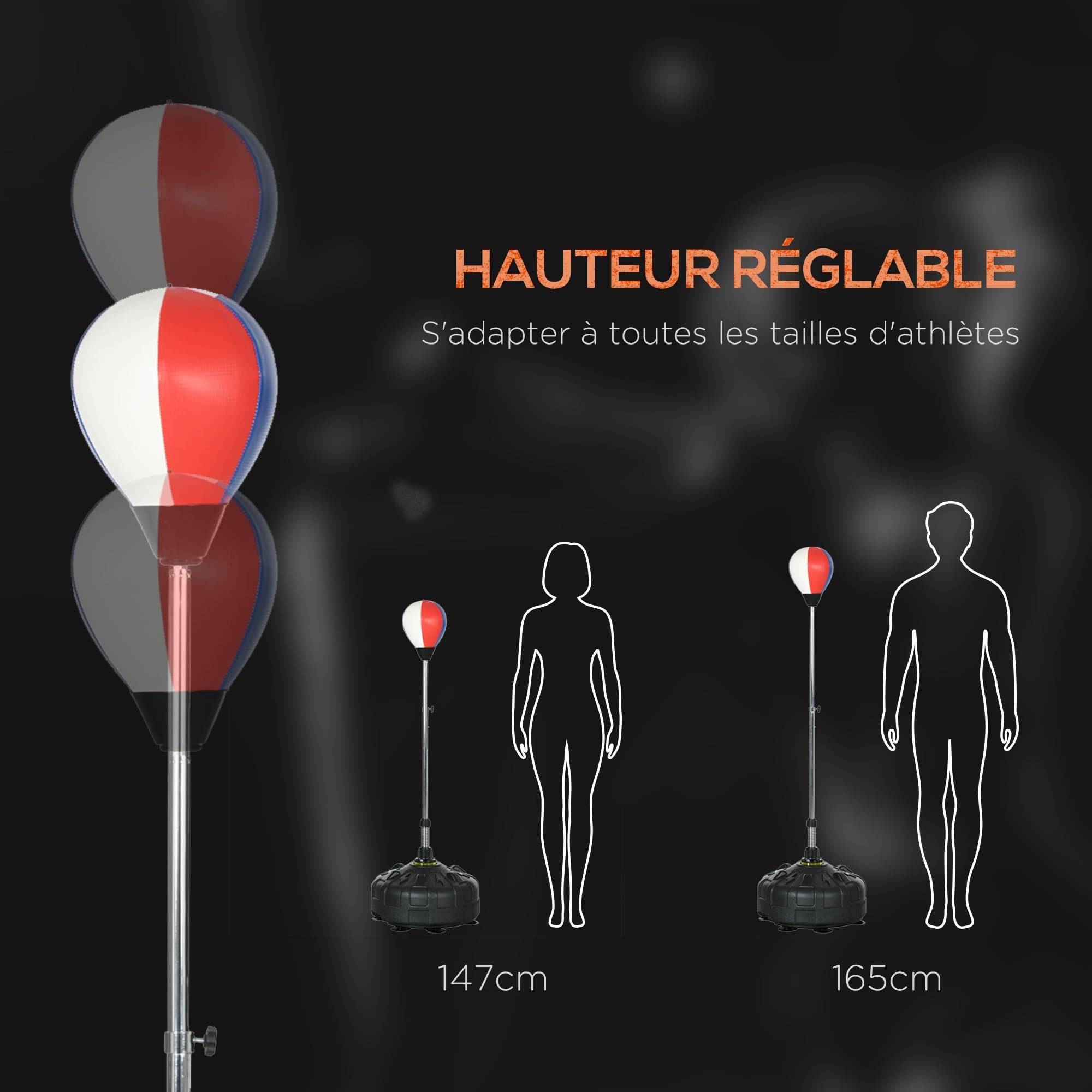 SPORTNOW Punching Ball sur Pied réglable en Hauteur 147-165 cm, Sac de Frappe sur Pied, Base lesté avec 12 ventouses, pour Exercice à Domicile, soulagement du Stress et Fitness, Noir
