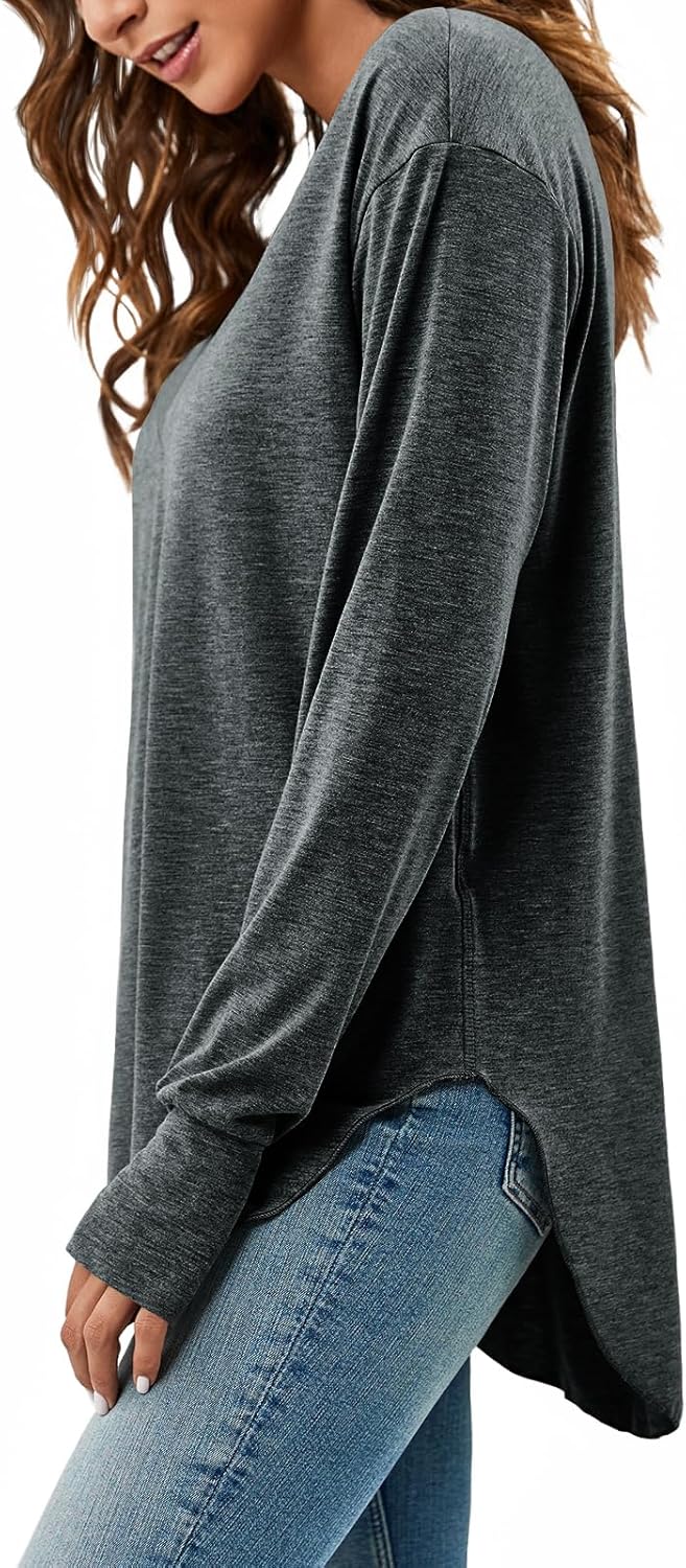 Tankaneo Womens Deep V Neck Tunic Tops Long Sleeve Oversized Casual Loose Fit Curved Hem T Shirts - Image 4