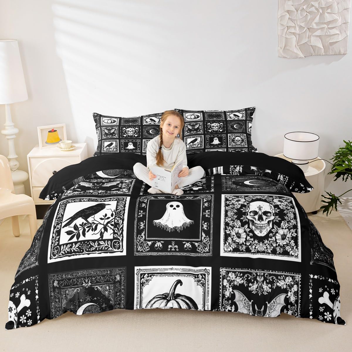 Halloween Country Duvet Cover Sets(NO Comforter),Wild Bats Crow Animals Comforter Cover for Kids Adults,Cute Ghost Gothic Skull Bedding,Rustic Floral Black White Duvet Set,Cot Size