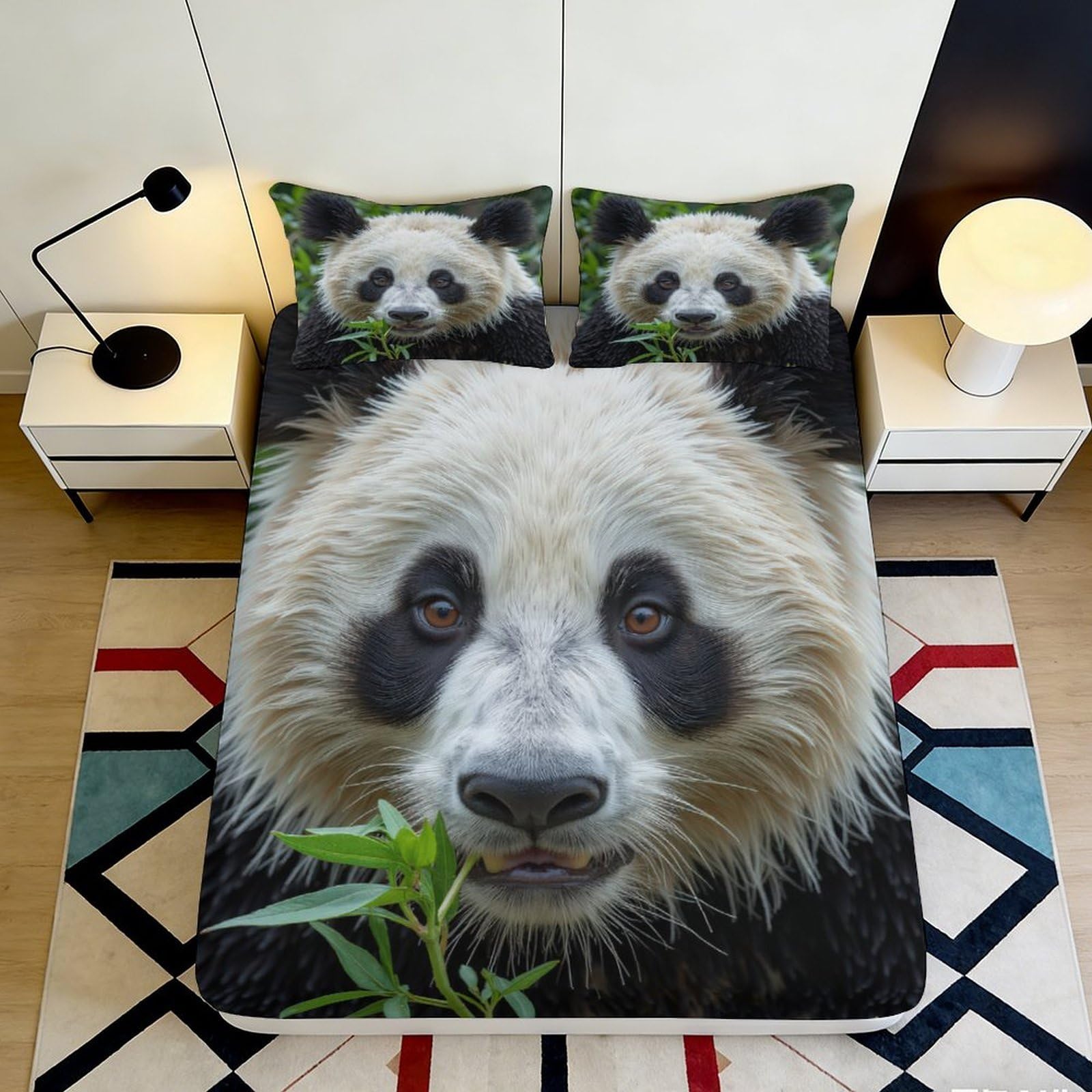 3D Printed Panda Eating Bamboo Fitted Sheet Microfiber Soft Non-slip Mattress Cover Decor for Bedroom Guest Room 200x200x25cm