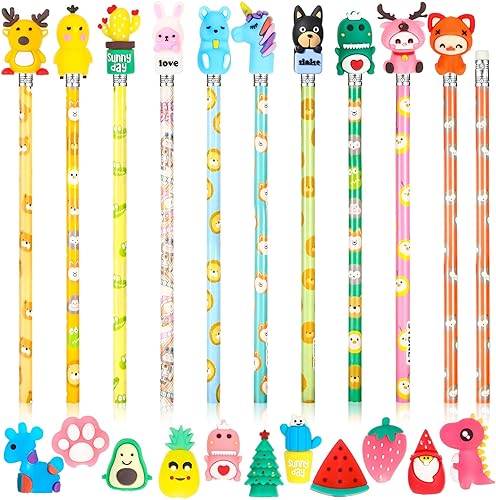 Leinuosen 30 lápices perfumados, divertidos lápices con 12 borradores de dibujos animados, adornos de frutas, precioso lápiz de madera con elementos