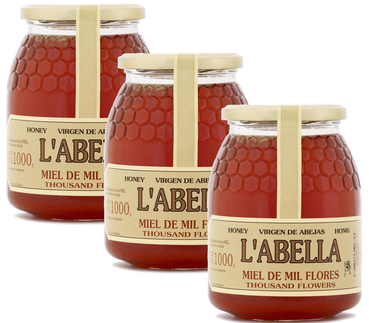 Blütenhonig aus Spanien - Premium Qualität - reines Naturprodukt - kaltgeschleudert - unfiltriert- süßer Geschmack aus dem Blumennektar- 3 x 1 Kg Glas, Größe:1000 g, Geschmack:Blüte