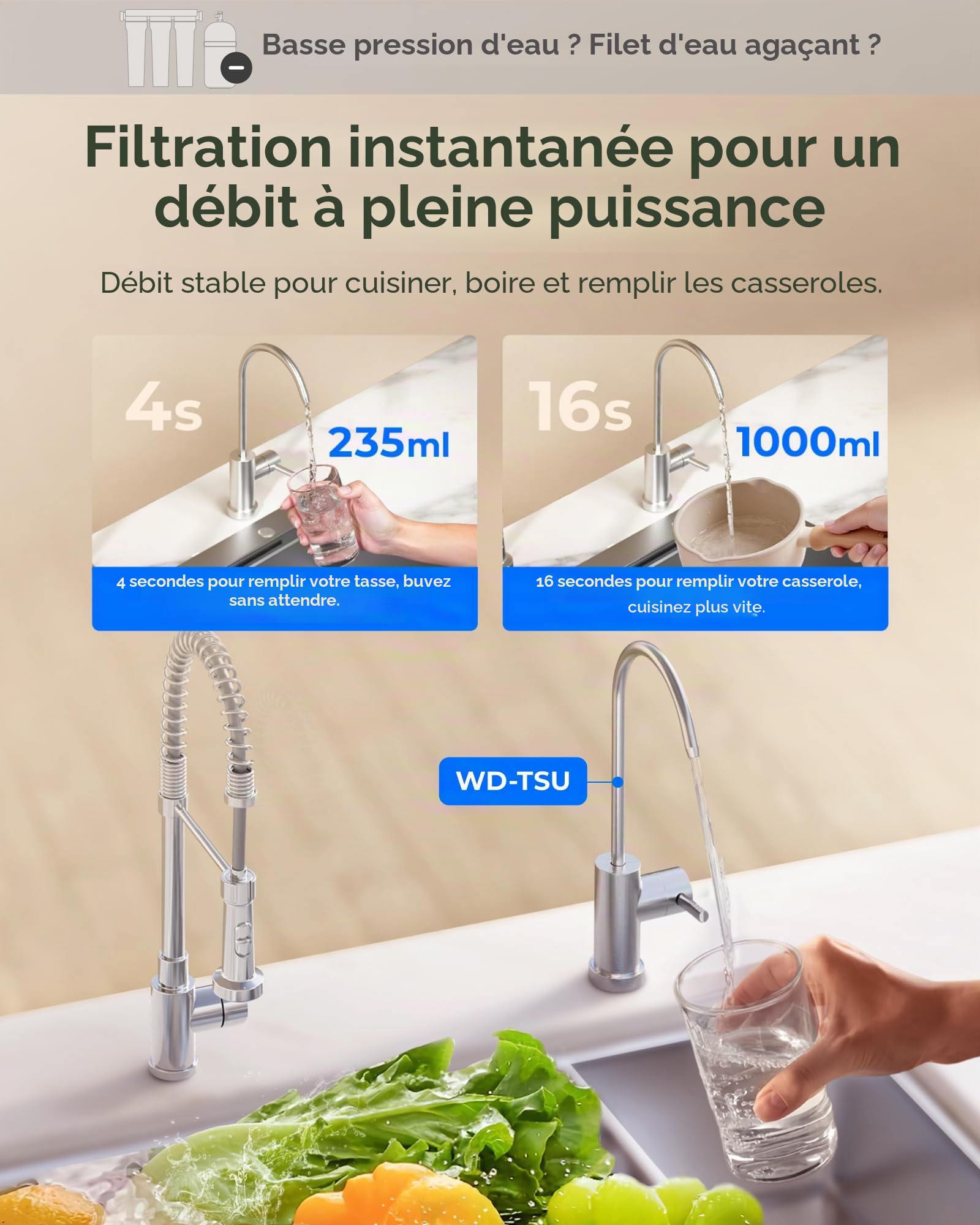 Waterdrop TSU 0,01 μm Ultra-filtration Sous Évier Système de Filtre à Eau, Haute Capacité en 3 Étapes, Panneau Intelligent, Pas D'eaux Usées, Réduire les PFAS, PFOA/PFOS