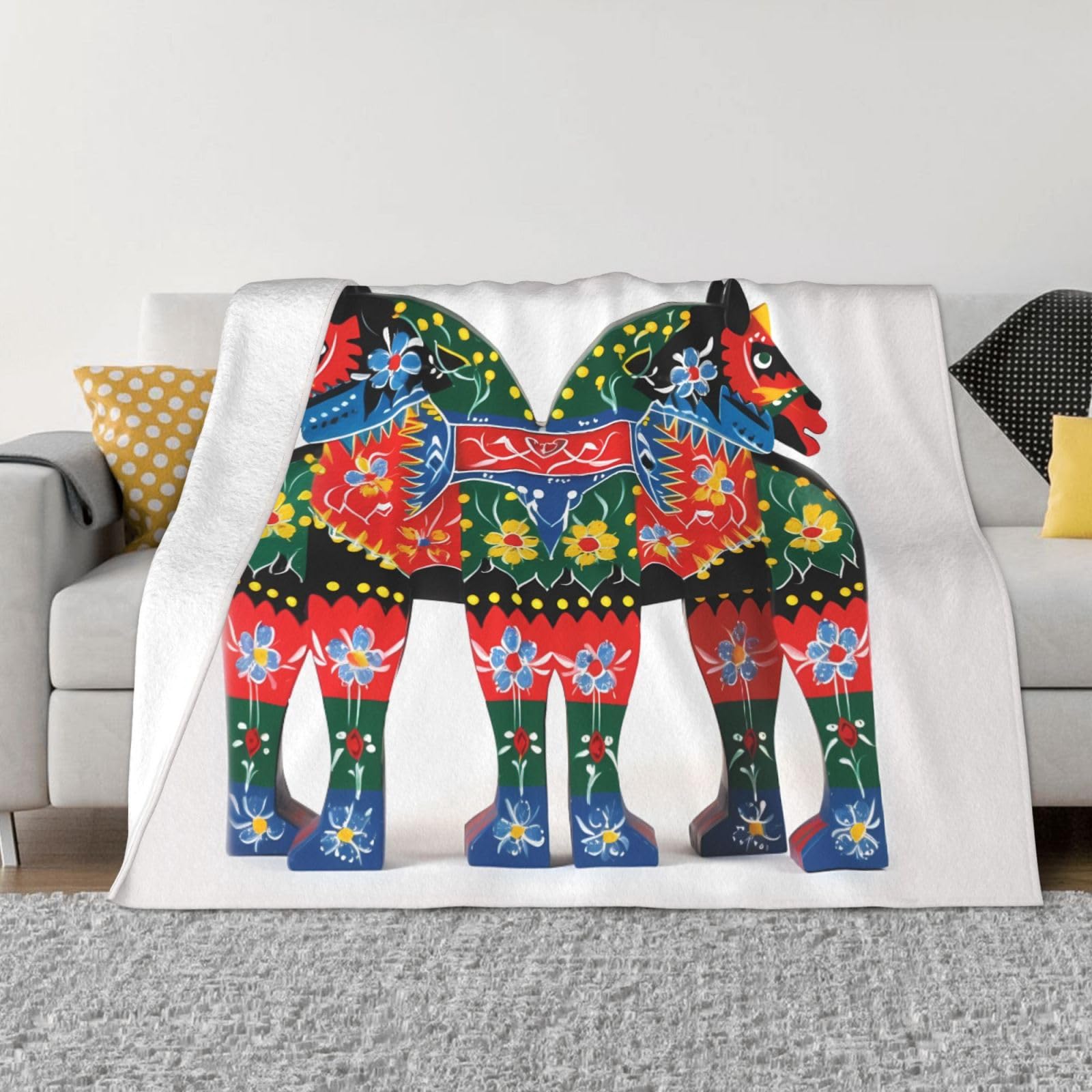 Runner Swedish Dala Horse Folk Throw Blanket 80"x60" Flannel Fluffy Warm Blanket for Couch, Reversible Plush Blankets for Bed, Comfy Fuzzy Blanket for Sofa, Plush Lightweight-Blankets for All Season