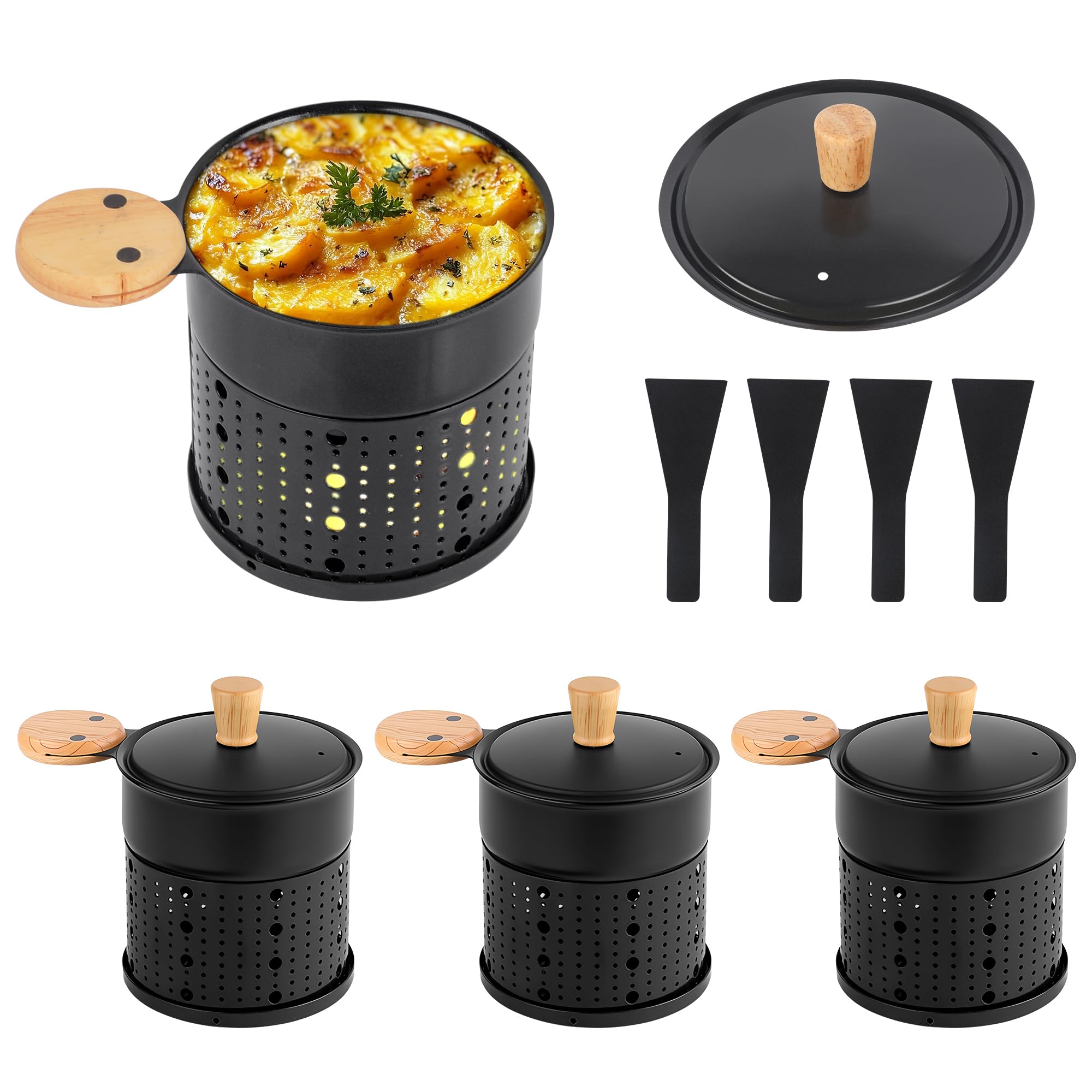 Lot de 4 Appareil Raclette Bougie à Revêtement Antiadhésif Noir | Coupelle Raclette Individuelle de Fusion Rapide sans Fil pour Fromage Fondu Chocolat à Table,dans Jardin,en Camping,4 Pelles