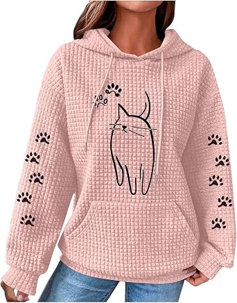 Womens Hoodies Cute Cat Print Pullover Sweaters With Pockets Oversized Casual Sweatshirts Fall Long Sleeve Outfits