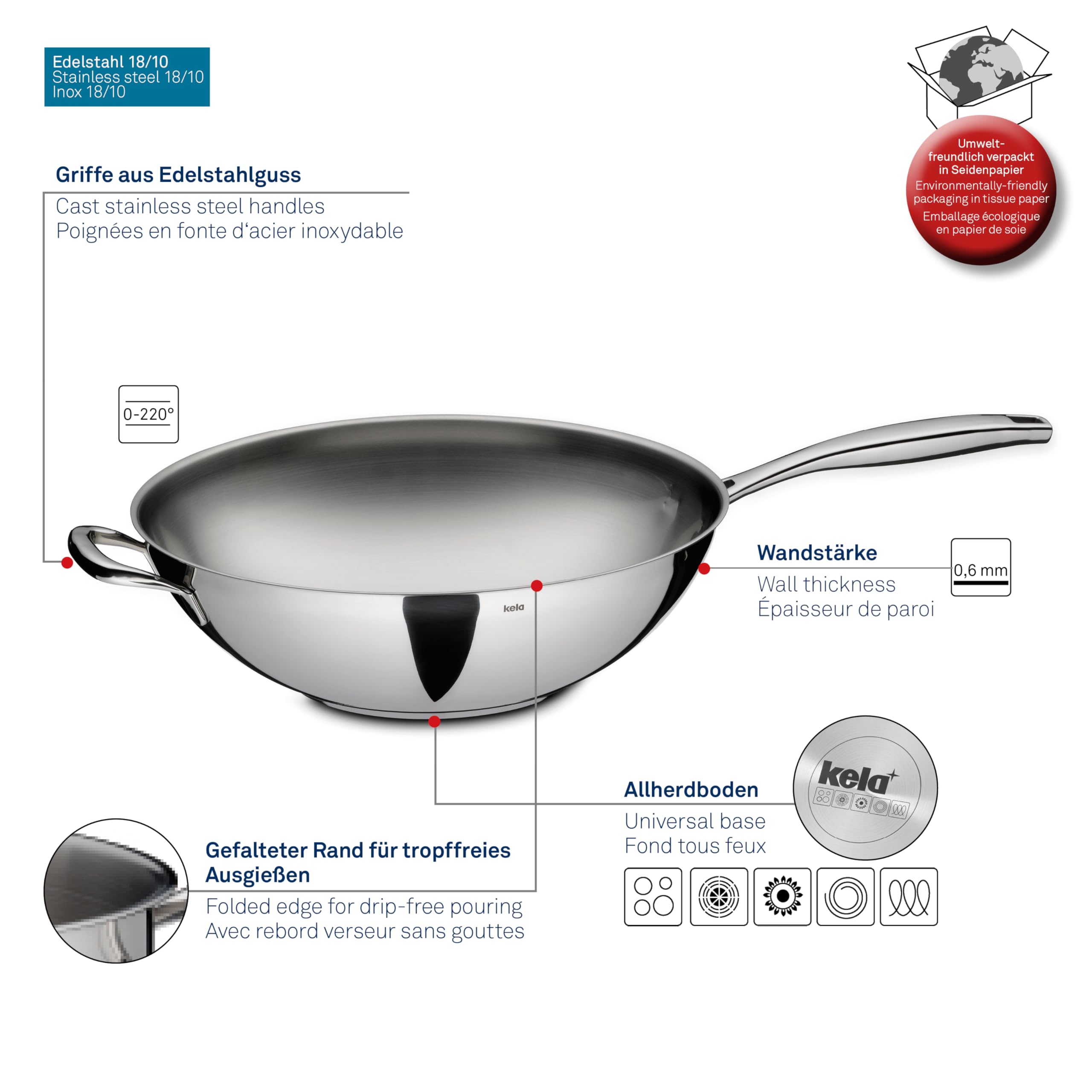Kela Wok Flavoria, Ø 32 cm, 5 l, stal nierdzewna 18/10, dno do wszystkich kuchenek, odporne na temperaturę do 220°C, 10193, srebrny błyszczący