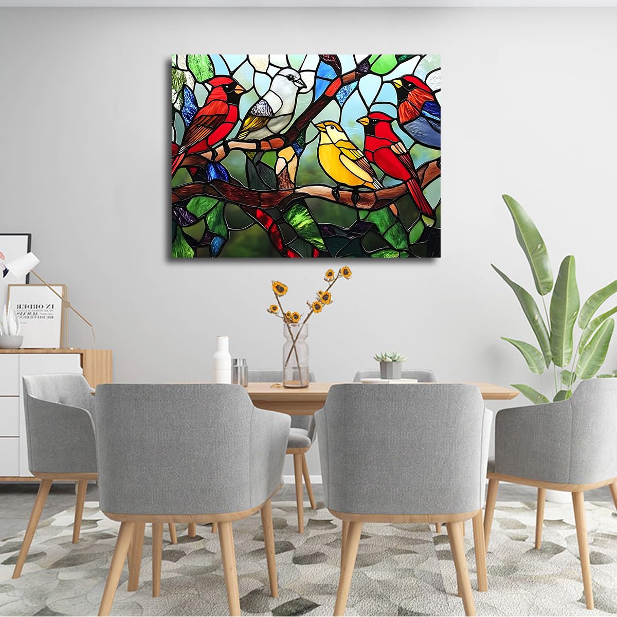 Witraż ptaki obraz na płótnie kardynał fink plakat druk 85 x 110 cm