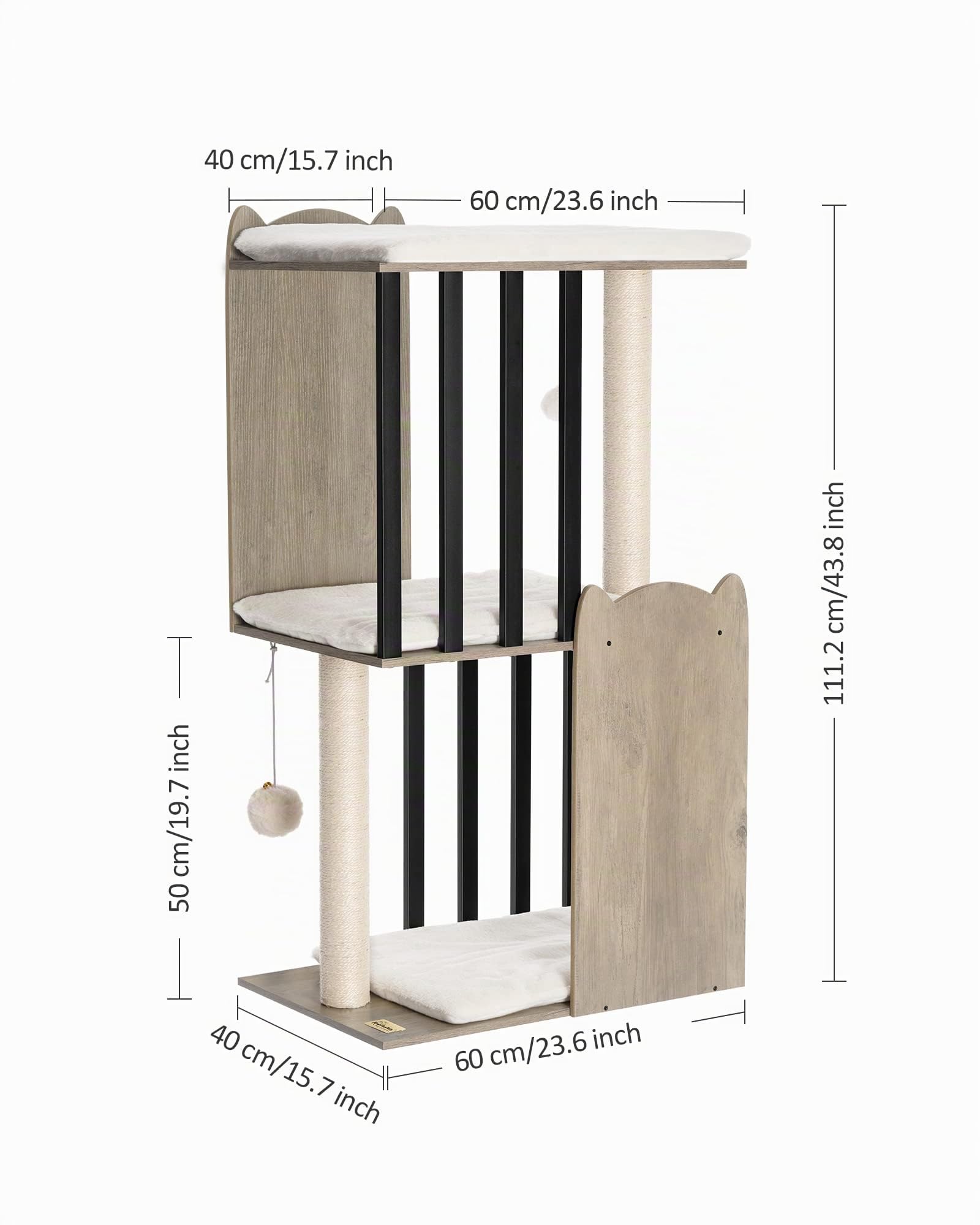FourFurPets 3-Tier Modern Albero per Gatti Alto 111 cm, Tiragraffi per Gatti, con 2 Pali Graffiatoi in sisal, 3 Piattaforma Grande, Pompon, Greige