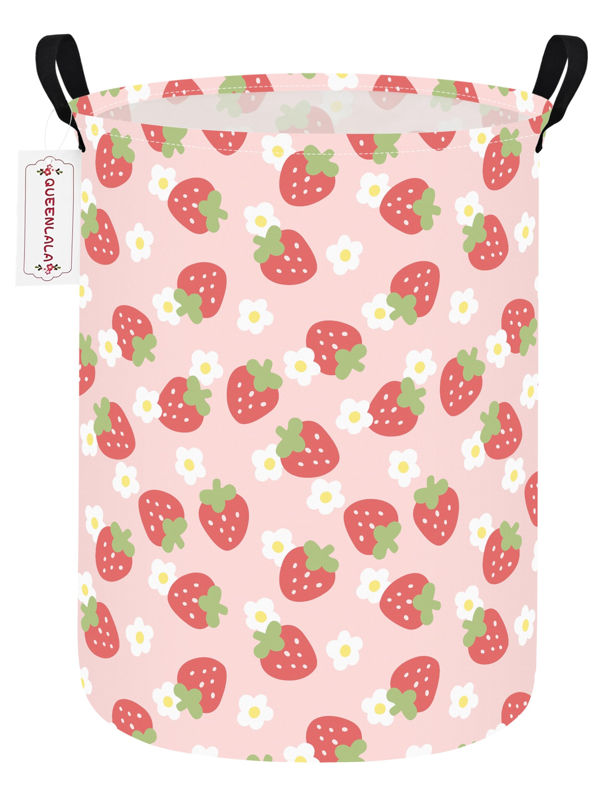 QUEENLALA Large Storage Basket,Laundry Hamper/Bathroom/Home Decor/Collapsible Round Storage Bin,Boys and Girls Hamper/Boxes/Clothing(Round-Pink Strawberry)