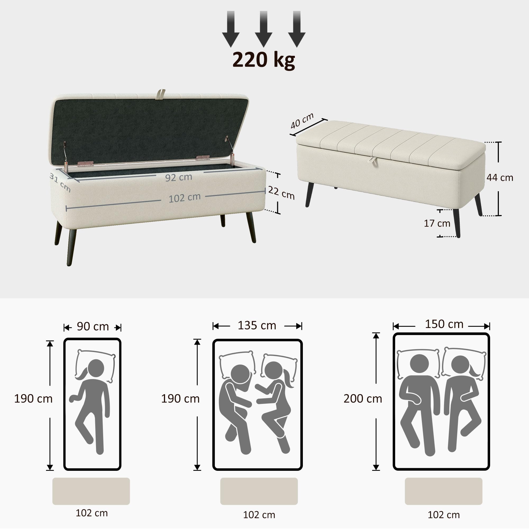 HOMCOM Sitzbank mit Stauraum mit Leinenoptik 102 x 40 x 44 cm Cremeweiß
