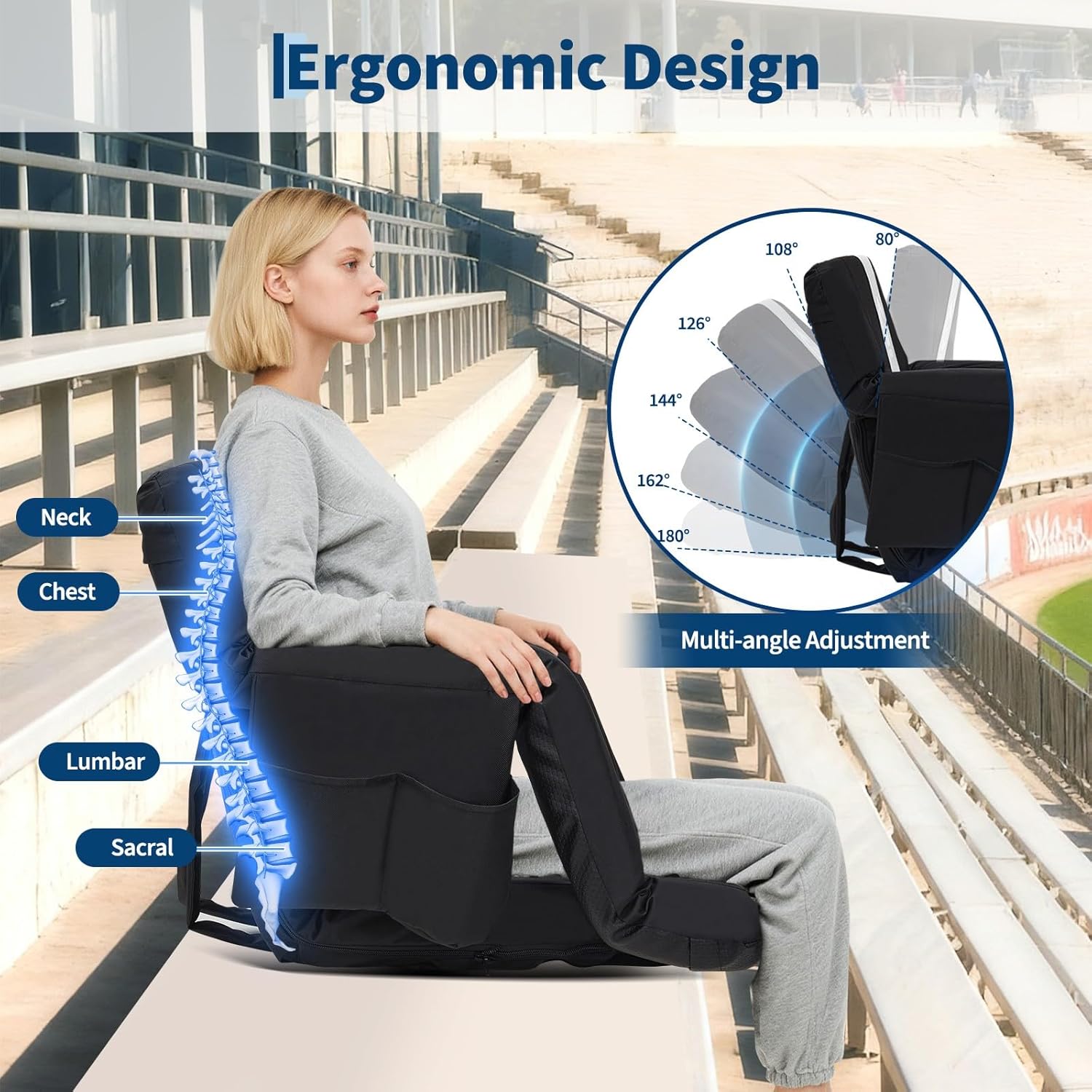GarveeLife Wide Stadium Seats for Bleachers with Back Support, 6-Position Adjustable Bleacher Chairs with Armrests, Cup Holder & Thick Cushion, Large Pockets for Outdoor Sports & Concerts