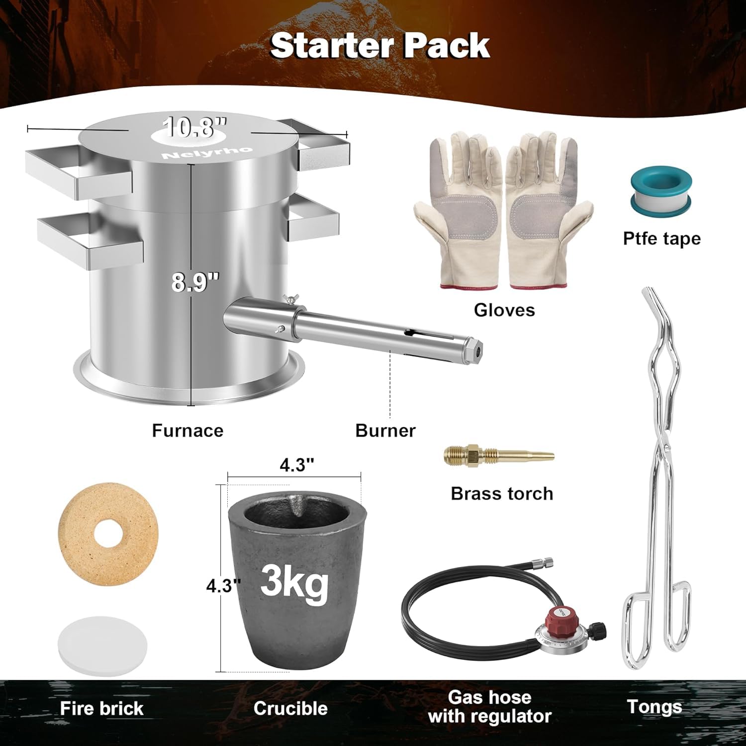 Nelyrho Kit de four de fusion de propane 3 kg - Fonderie en acier inoxydable robuste pour coulée de métal - Kit de fusion complet avec creuset, pince, gants pour or, argent, cuivre, aluminium