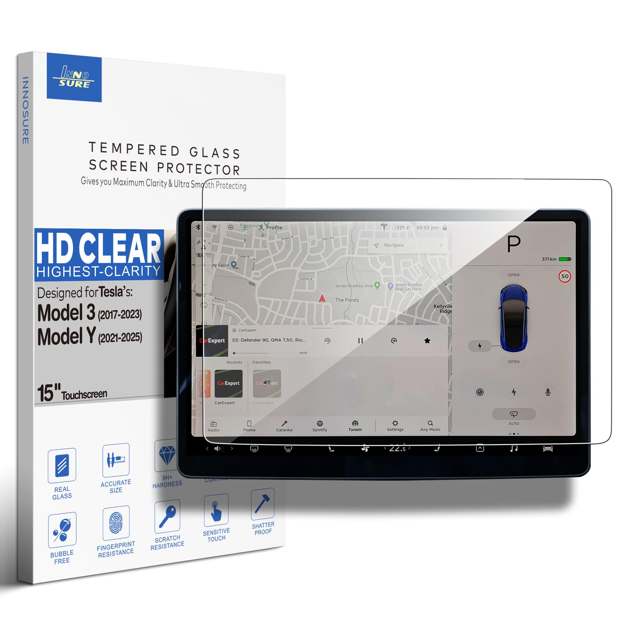 Photo 1 of INNOSURE Tempered Glass Screen Protector designed for Tesla Model 3 (2017-2023), Model Y (2021-2025) Infotainment 15-Inch Touchscreen [9H] [No Fingerprint] (HD Clear)