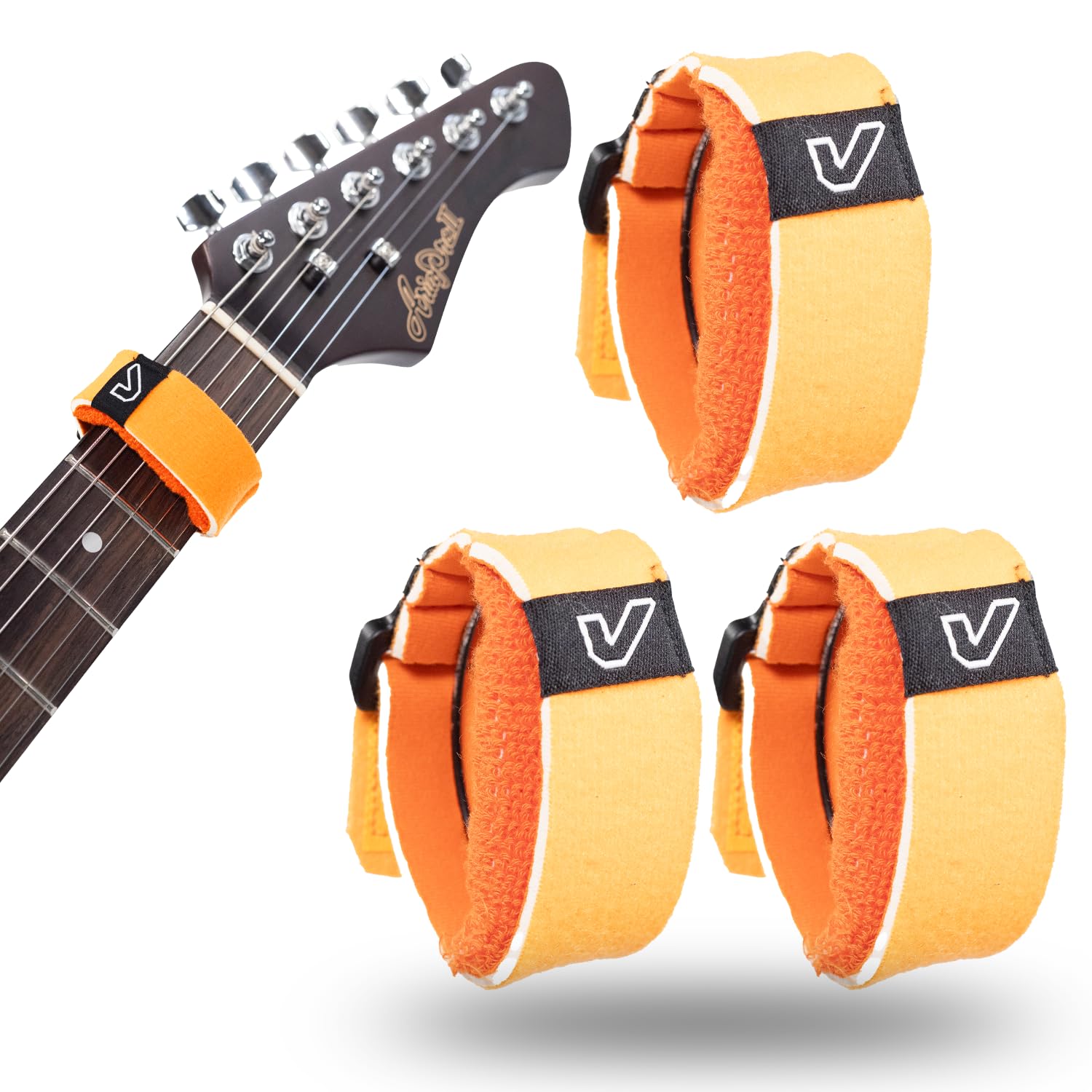 Gruv Gear Fret Wrap &amp; Guitar Mute, Fretwrap for Acoustic, Electric &amp; Bass | String Dampener Recording, Tapping &amp; Practice Accessory (3 Pack, Medium Orange, Fits 5 String Bass, 7 String Guitar)