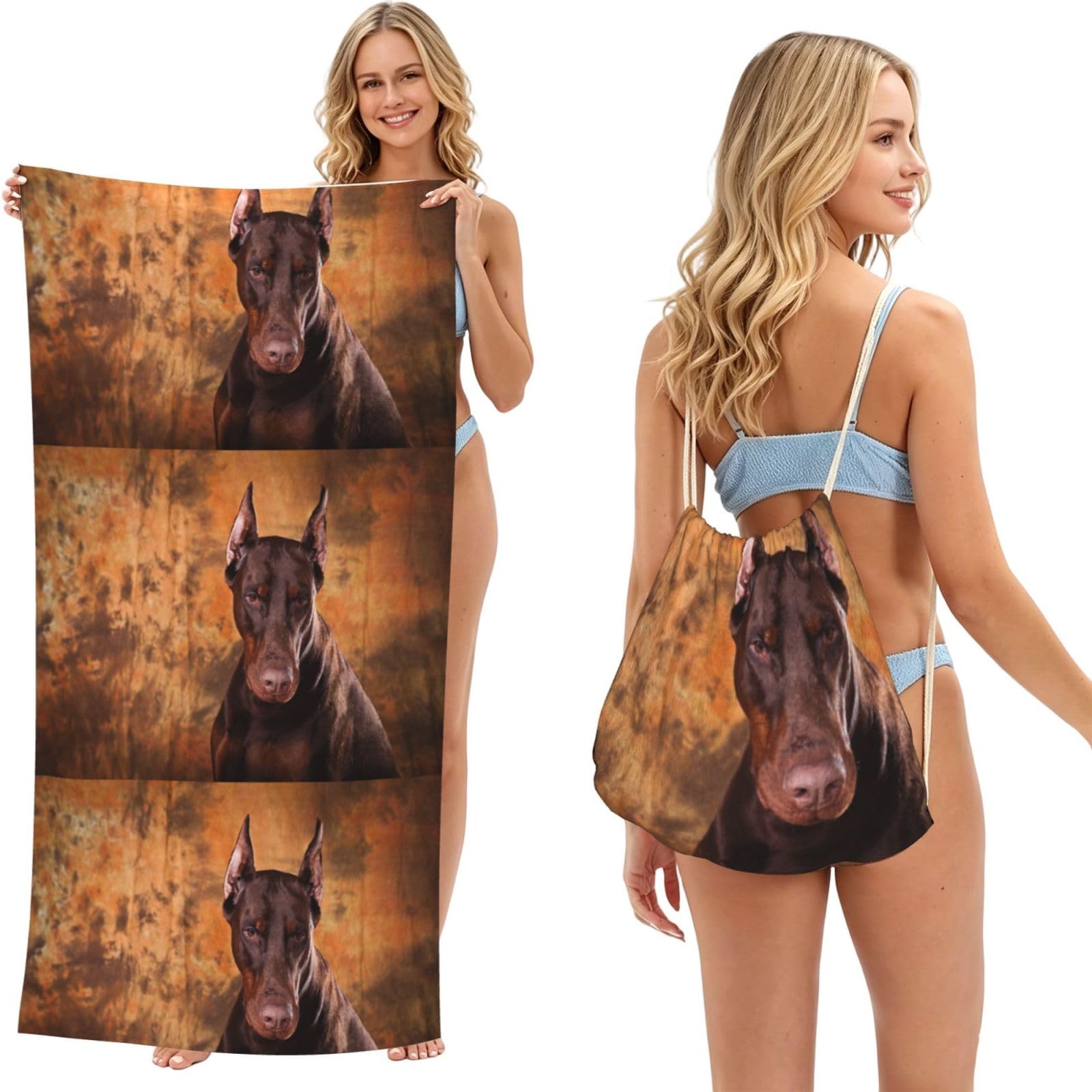Poadnly As Picture Cool Doberman Pinscher Dog, 2 In 1 Packable Towel Bag, Beach Towels With Drawstring Backpack For Travel Holiday Camping