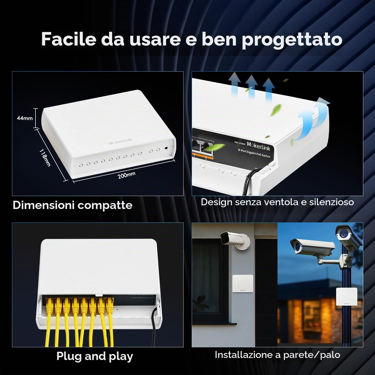 MokerLink Switch Gigabit PoE a 8 porte per esterni, 8 porte PoE+ 1000 Mbps, 802.3 af/at 120 W, impermeabile senza ventola, Plug and Play Switch