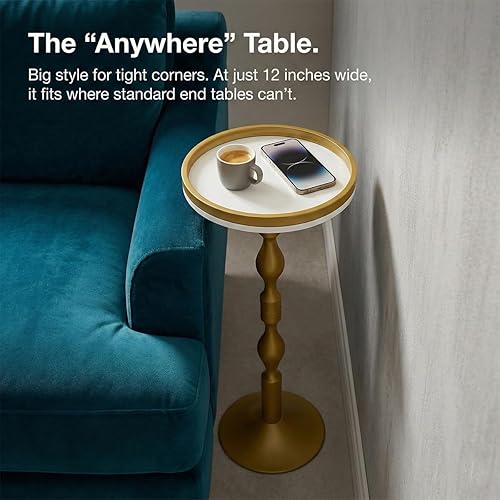 Miniatura 5 de Small Round Gold Side Table,Drink Table with Weighted Base,Modern White & Gold Pedestal End Table with Tray Top Edge for Small Spaces, Living Room,