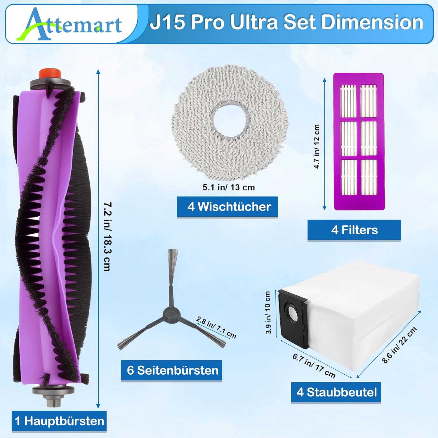 J15 Pro Ultra Replacement Parts for Eureka J15 Pro Ultra Robot Vacuum Accessories Kit, 1 Main Brush, 4 HEPA Filters, 4 Mopping Pads, 4 Dust Bags, 6 Side Brushes, 1 White Brush, 20 Pack