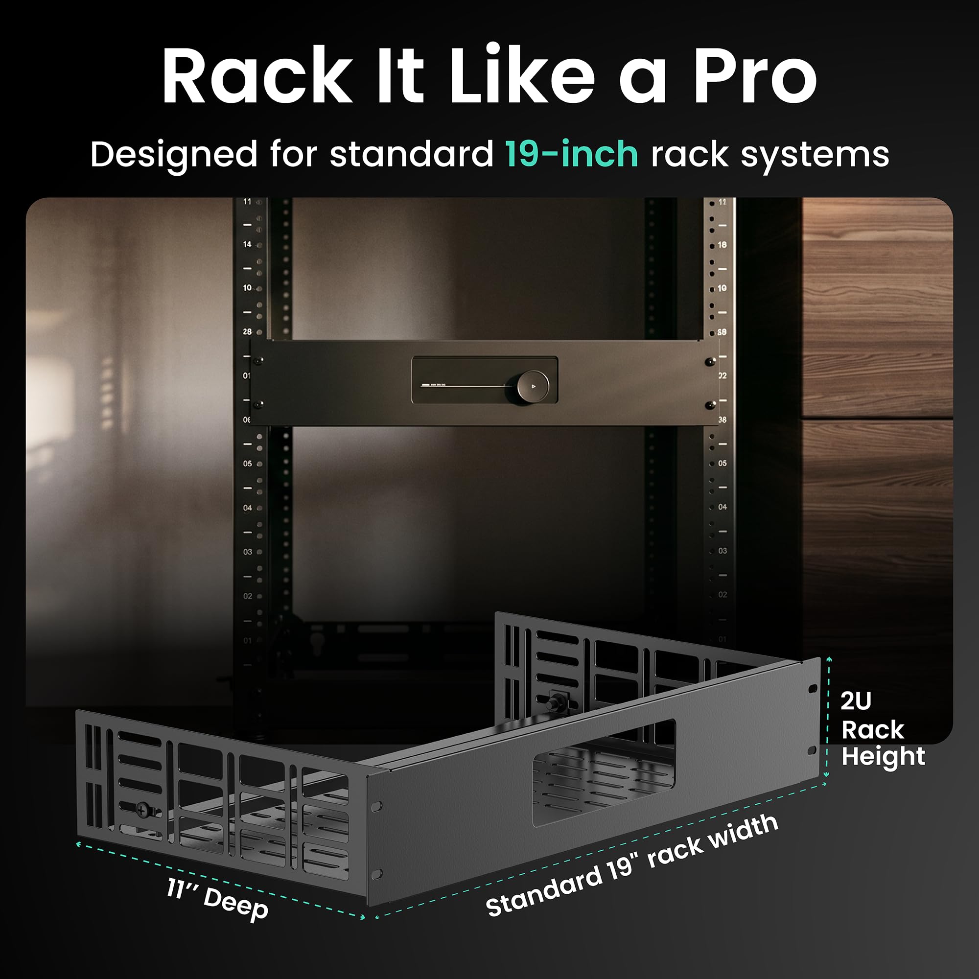 ynVISION.DESIGN Estante de montaje en rack de 2U para WiiM Amp y WiiM Amp Pro | 11 pulgadas de profundidad | Se adapta a estantes estándar de AV, audio y servidor de 19 pulgadas | Capacidad para 1 Amp