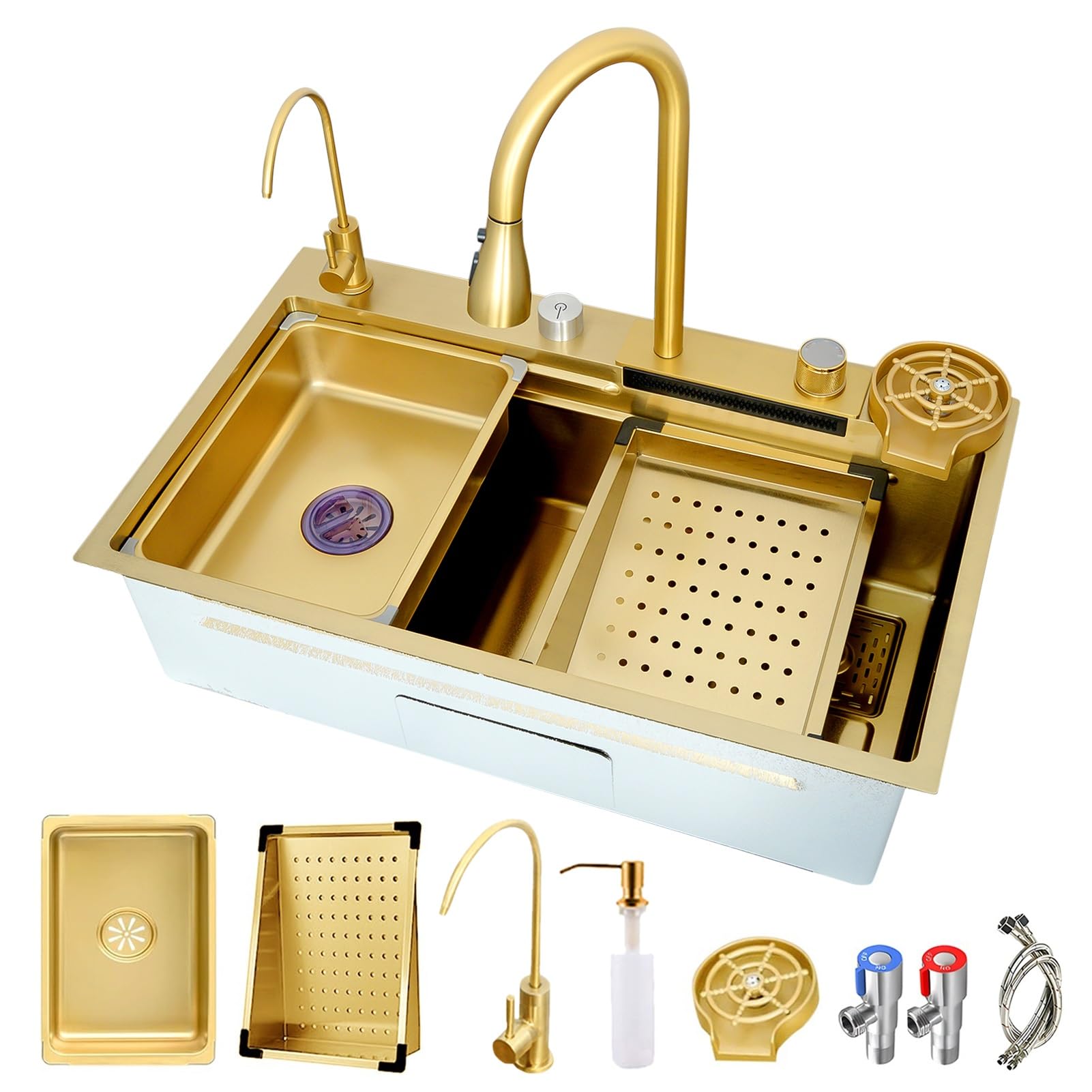 YADZISW Gold Stainless Steel Kitchen Sink with Pull-Out Faucet Small Basin & Drain Kit Nano Coated Workstation Bar Drop-In Farmhouse Design (75x45x21cm)