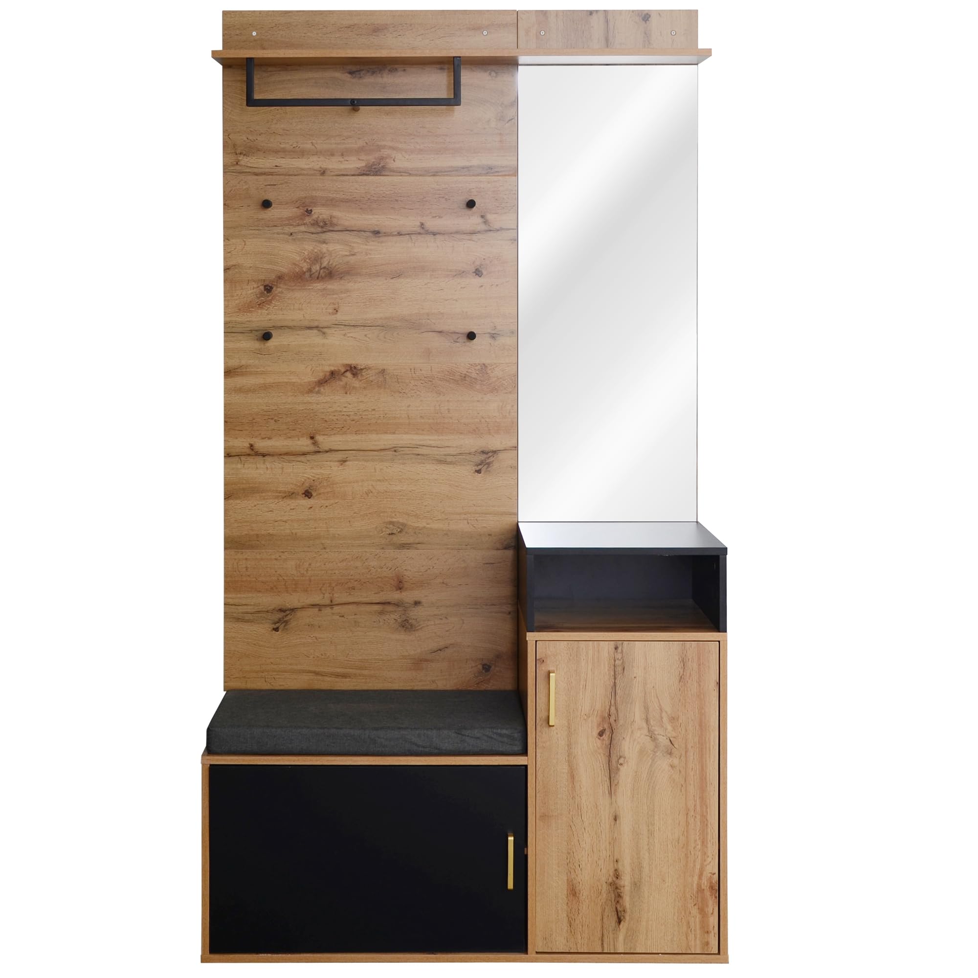 Merax Garderoben-Set mit Spiegel & Schuhschrank, Wandgarderobe 191,5x105x40 cm, 4 Kleiderhaken & Garderobenstange, Sitzbank mit Schuhfächern für 9-12 Paar Schuhe, Flurgarderobe, Schwarz + Holz