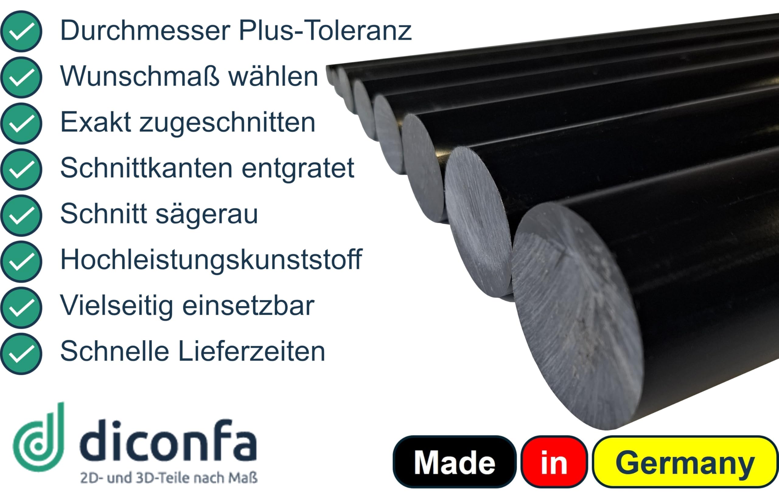 diconfa POM barre ronde noir SUR MESURE - Diamètre : 8 à 120mm - Longueur : 100 à 1000mm - Ø 50mm, 260mm long - Barre ronde en plastique Matériau rond - Industrie Commerce Privé